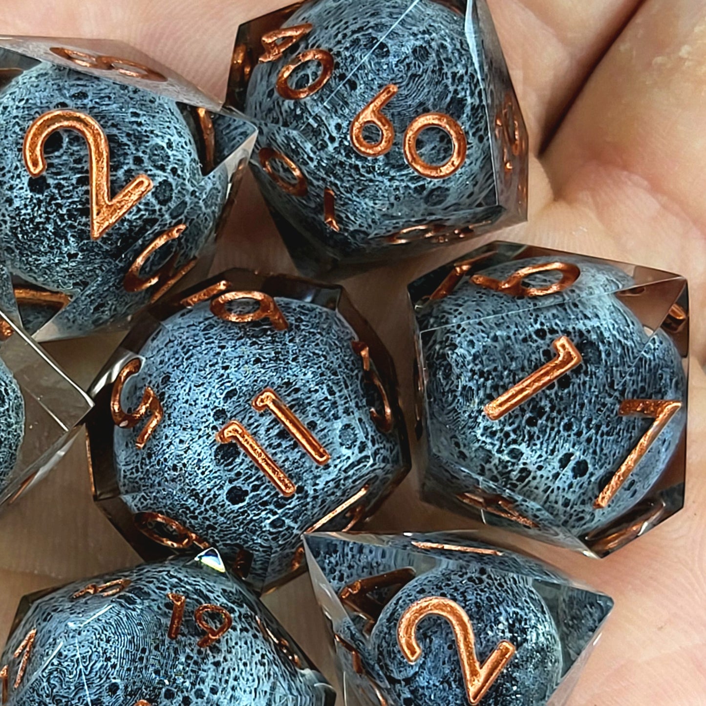 Dice set with moon inside and bronze numbers for play dnd , dungeons and dragons