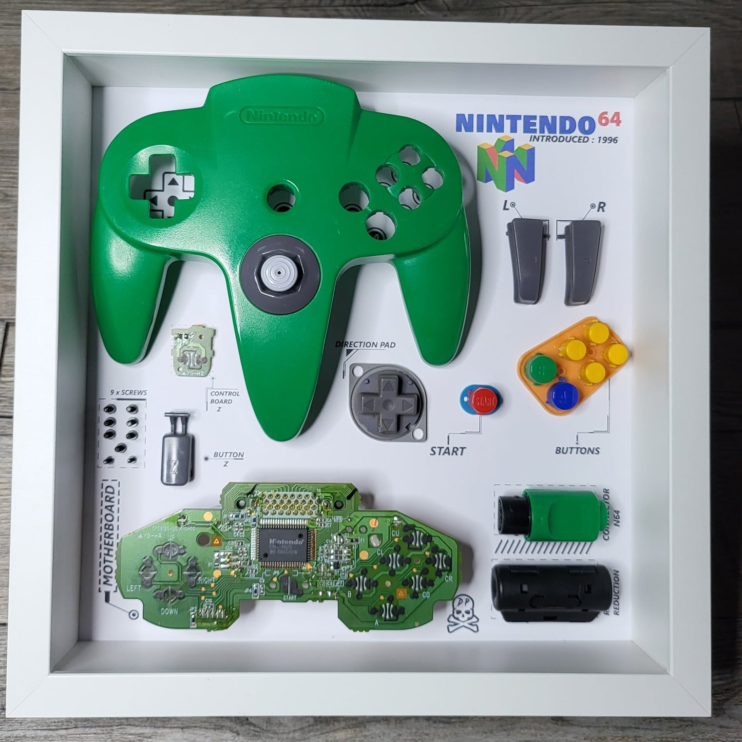 Shadow Box 10x10 with wood frame and polycarbonate glass for wall and Tabletop containing a disassembled controller for Playstation and Nintendo