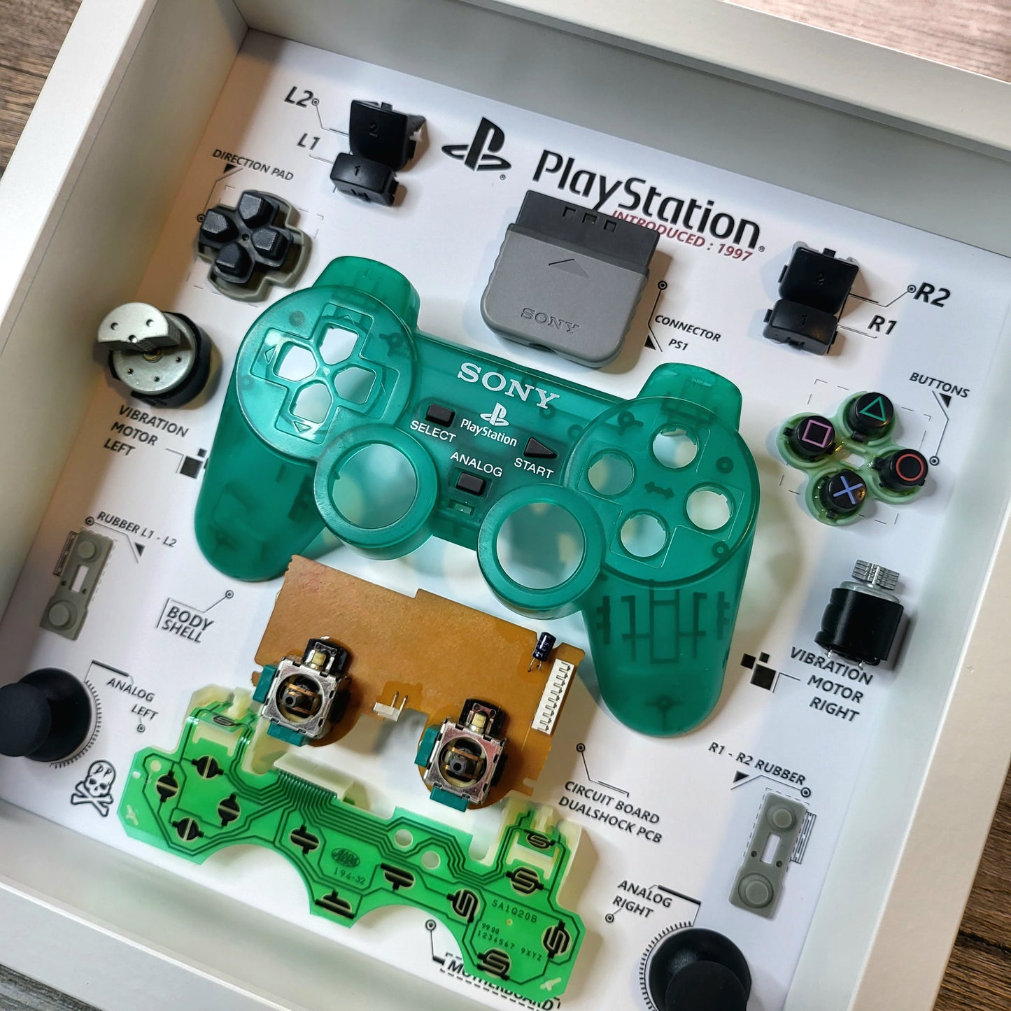 Components of a disassembled controller of PlayStation Ps1 Dualshock in a green limited edition inside a white frame 27x27 cm with a protective polycarbonate transparent cover on the front