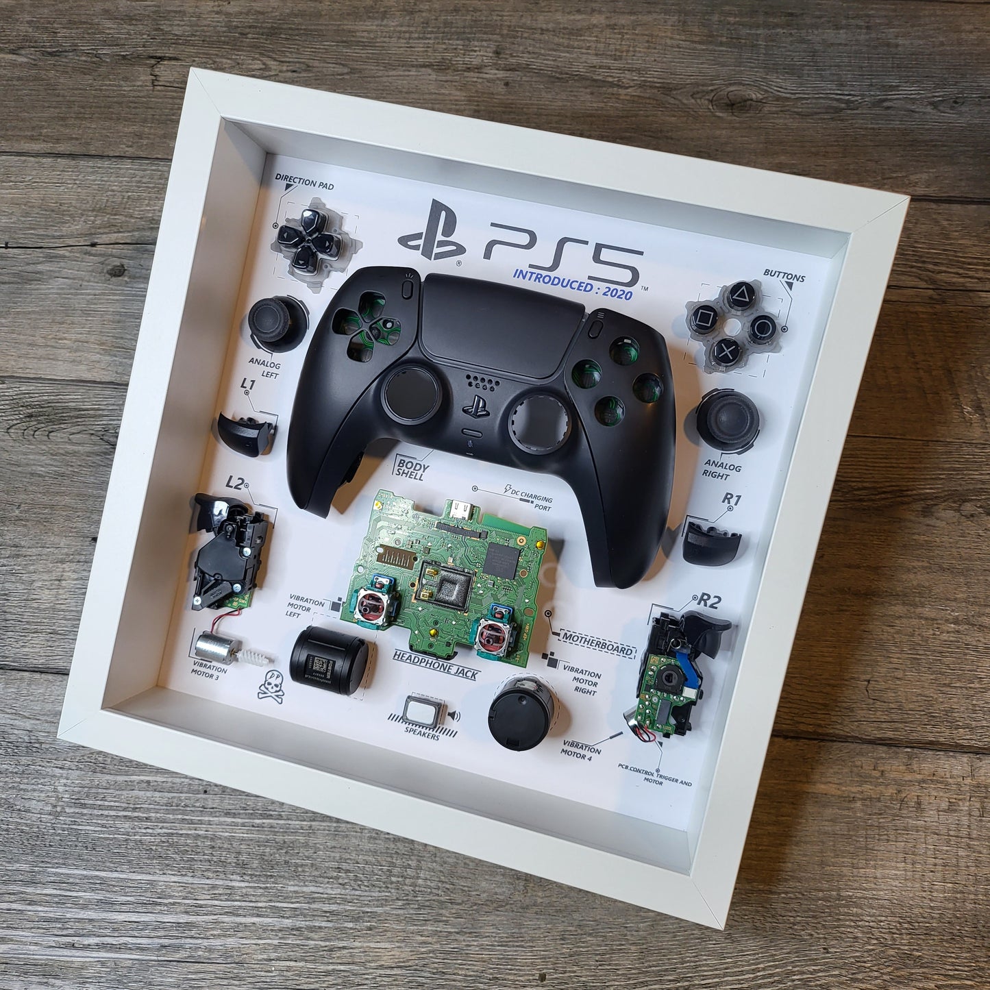 Shadow Box 10x10 with wood frame and polycarbonate glass for wall and Tabletop containing a disassembled controller for Playstation and Nintendo