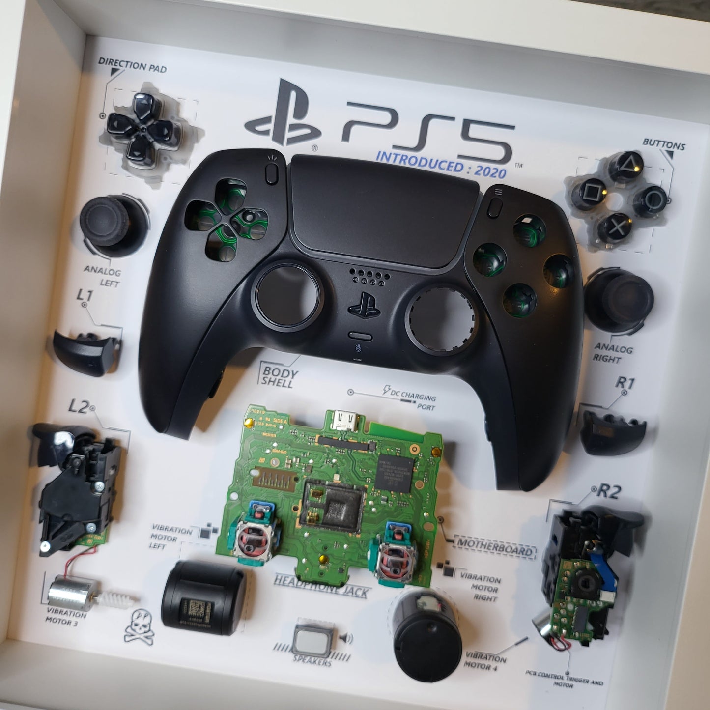 Shadow Box 10x10 with wood frame and polycarbonate glass for wall and Tabletop containing a disassembled controller for Playstation and Nintendo