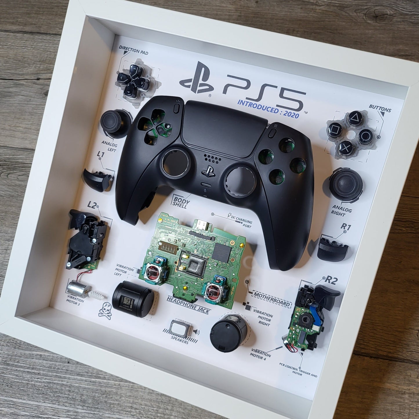Shadow Box 10x10 with wood frame and polycarbonate glass for wall and Tabletop containing a disassembled controller for Playstation and Nintendo
