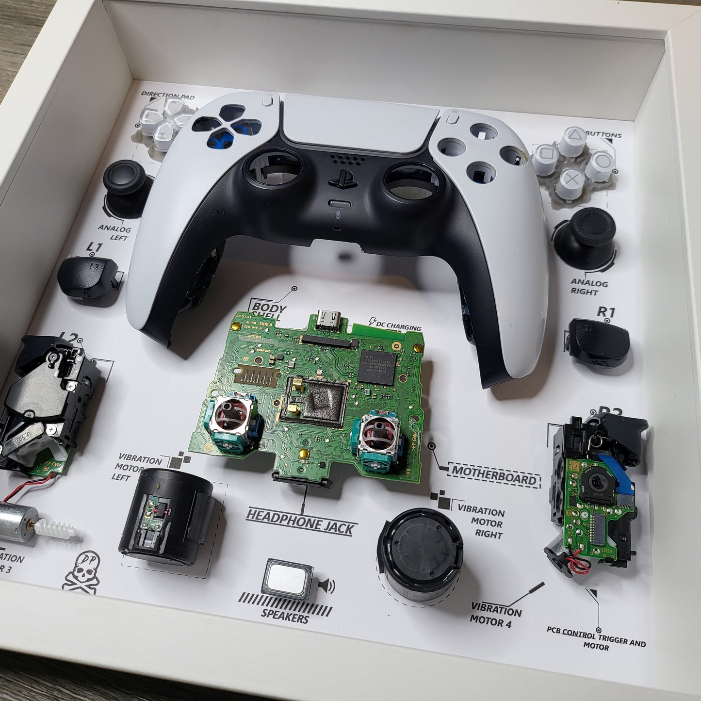 Shadow Box 10x10 with wood frame and polycarbonate glass for wall and Tabletop containing a disassembled controller for Playstation and Nintendo