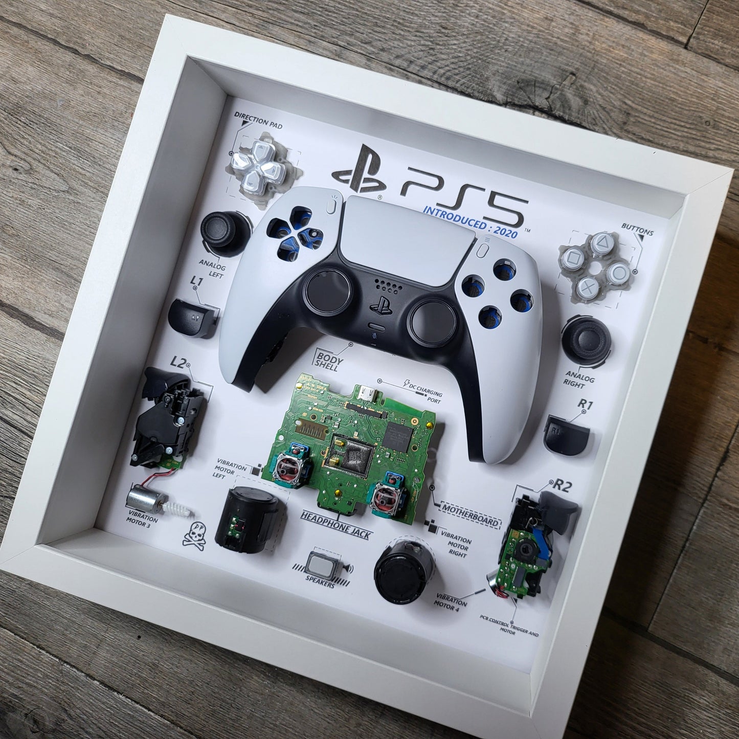 Shadow Box 10x10 with wood frame and polycarbonate glass for wall and Tabletop containing a disassembled controller for Playstation and Nintendo