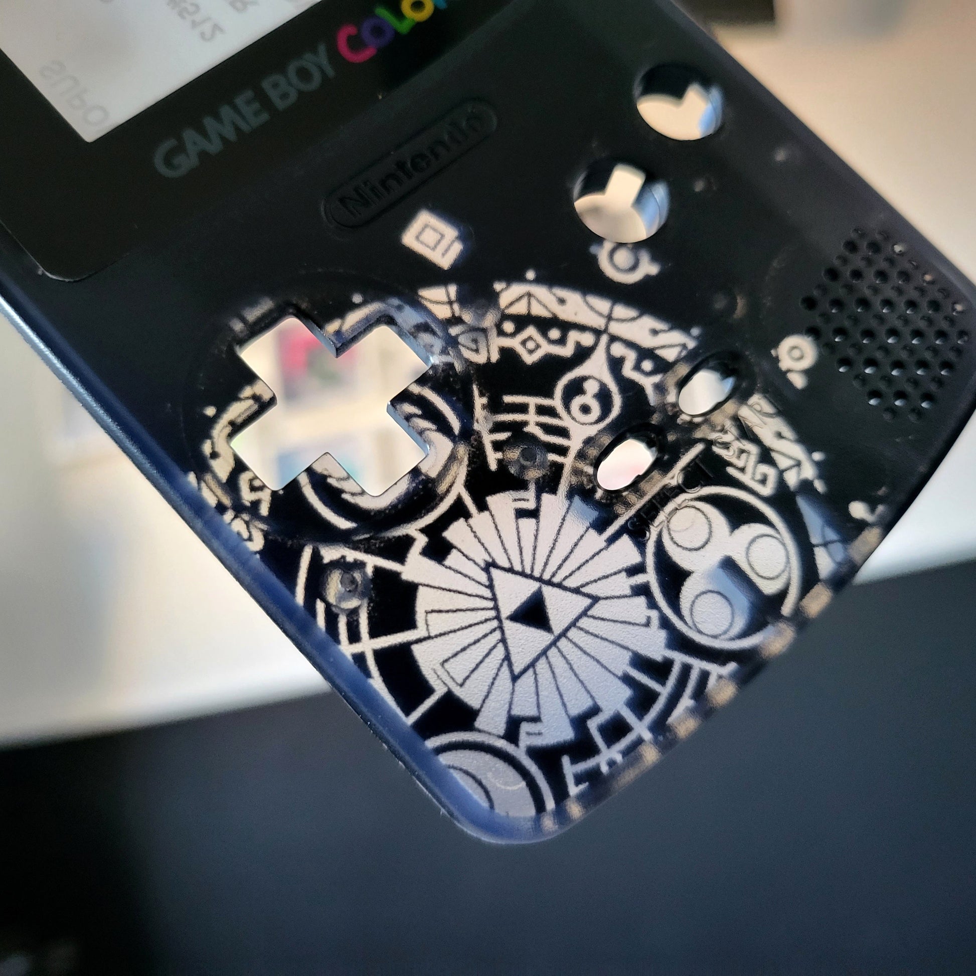 Custom shell cover for Nintendo with Zelda themed laser engravings
