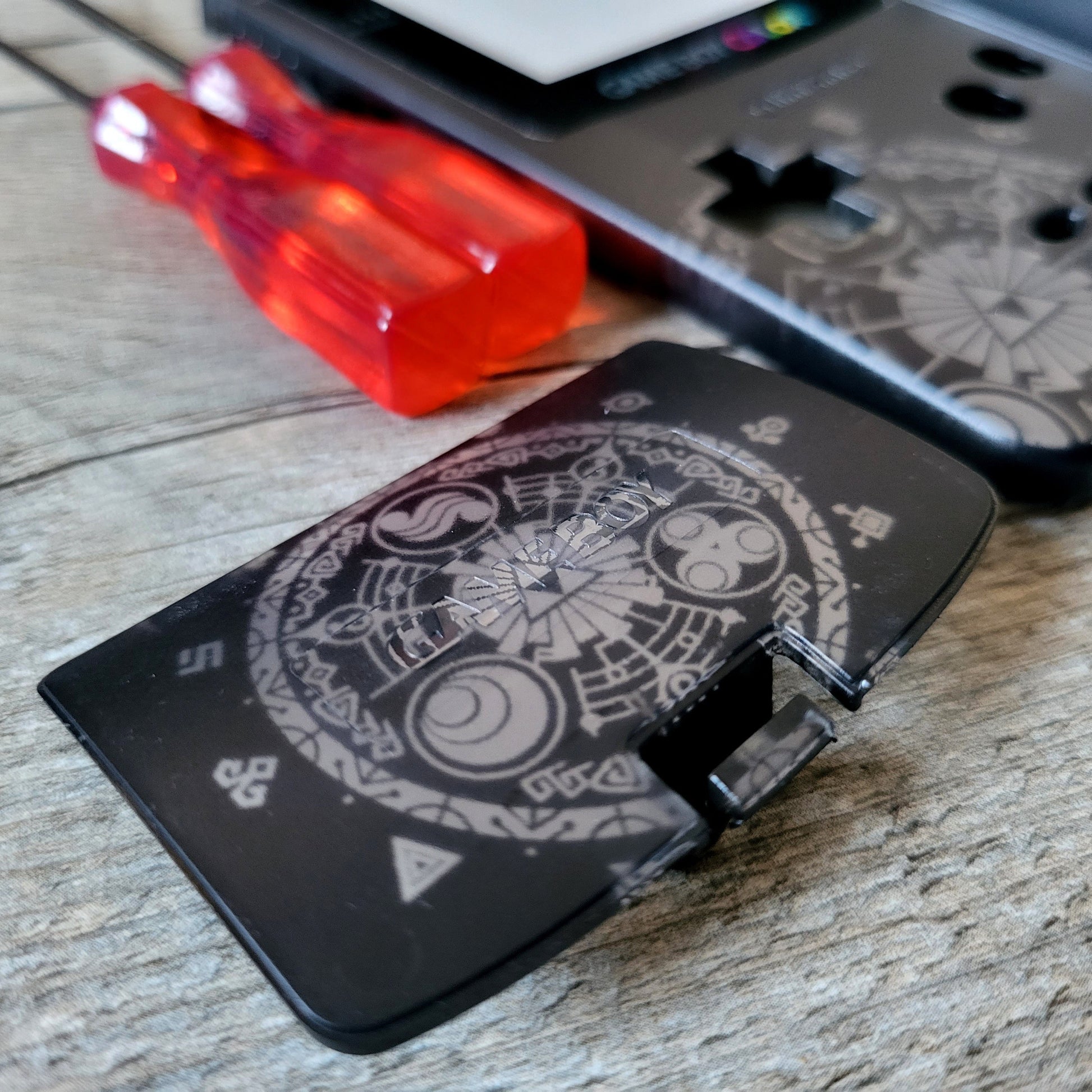 Custom shell cover for Nintendo with Zelda themed laser engravings