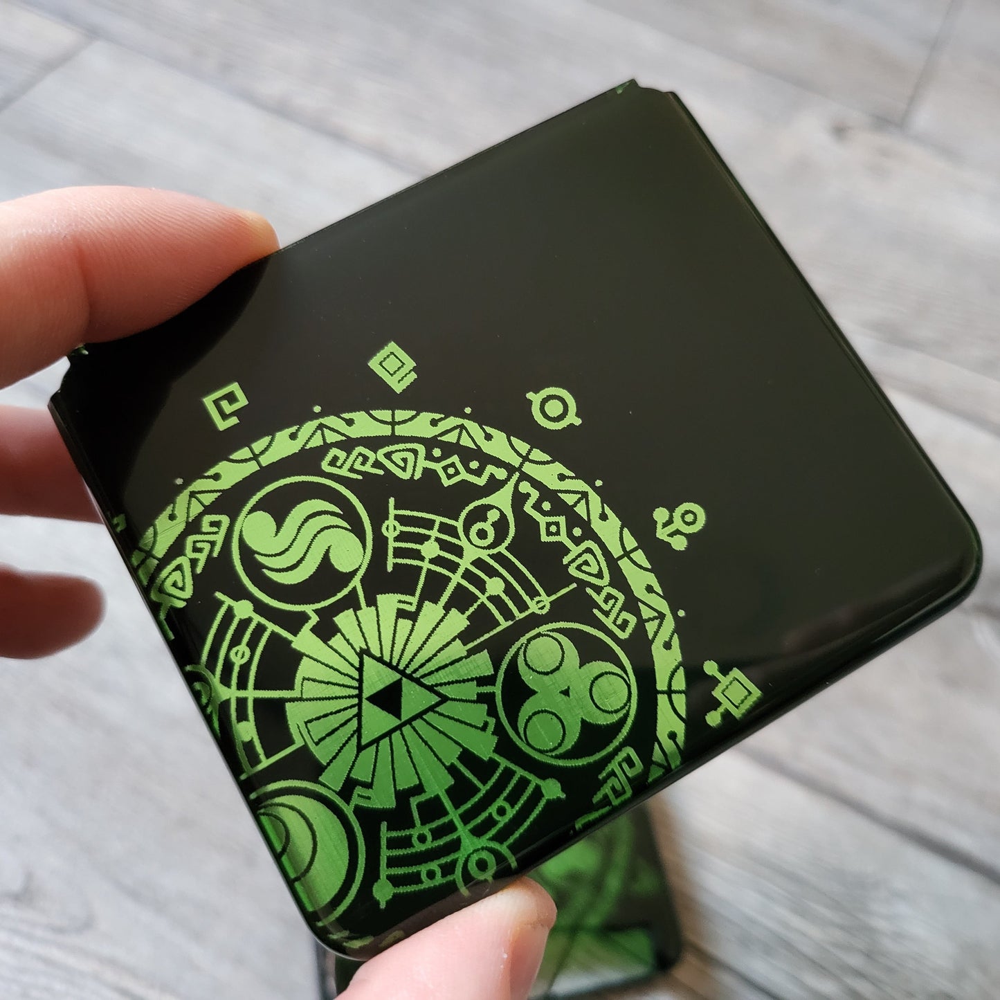 Custom shell cover for Nintendo with Zelda themed laser engravings