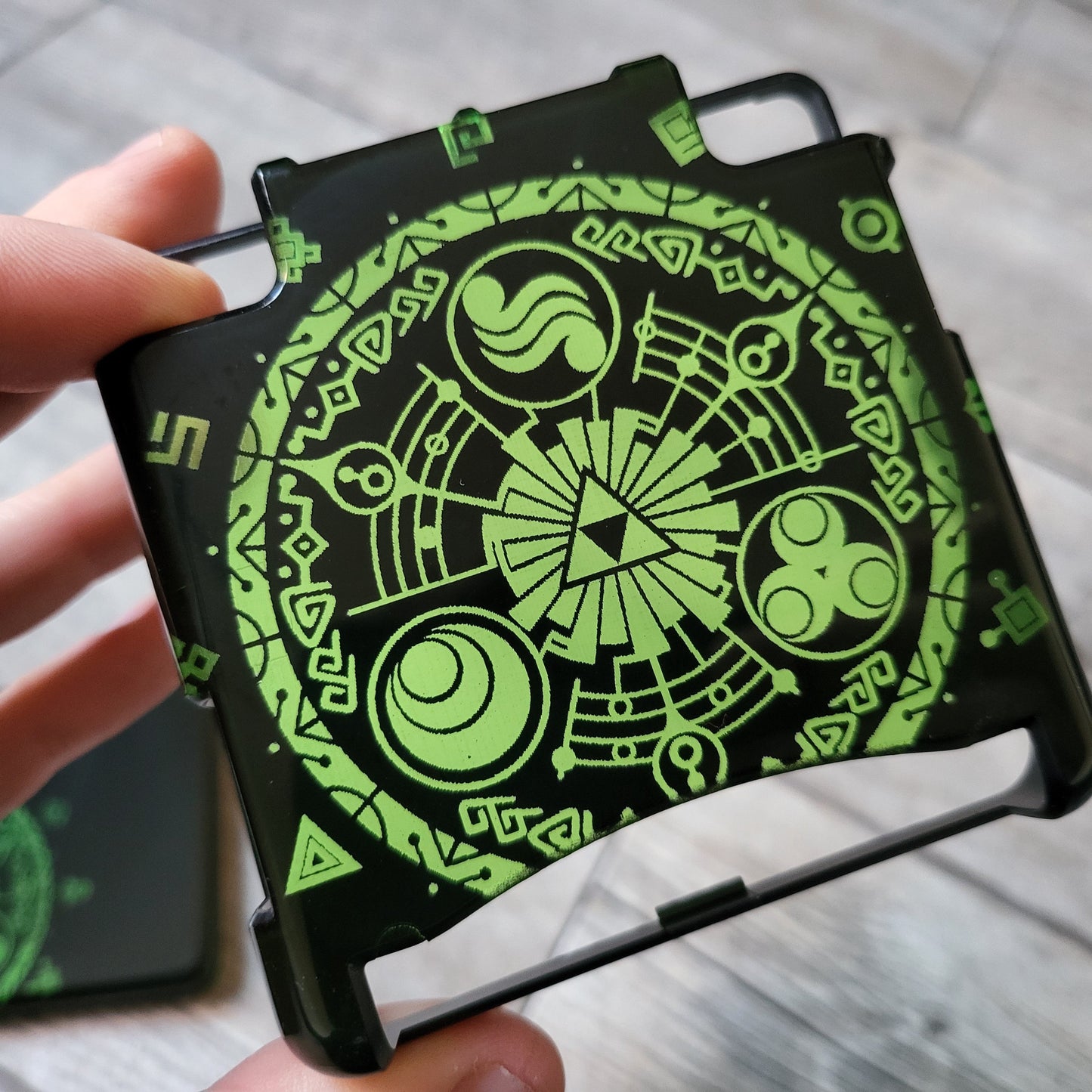 Custom shell cover for Nintendo with Zelda themed laser engravings