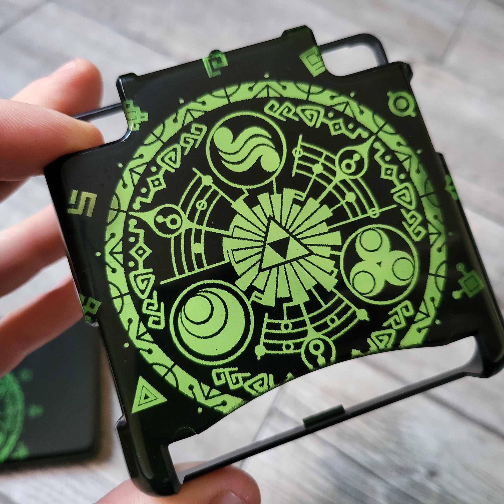 Custom shell cover for Nintendo with Zelda themed laser engravings