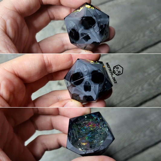 D20 dice in 33 mm format with skull inside for role-playing games for Dungeons and Dragons
