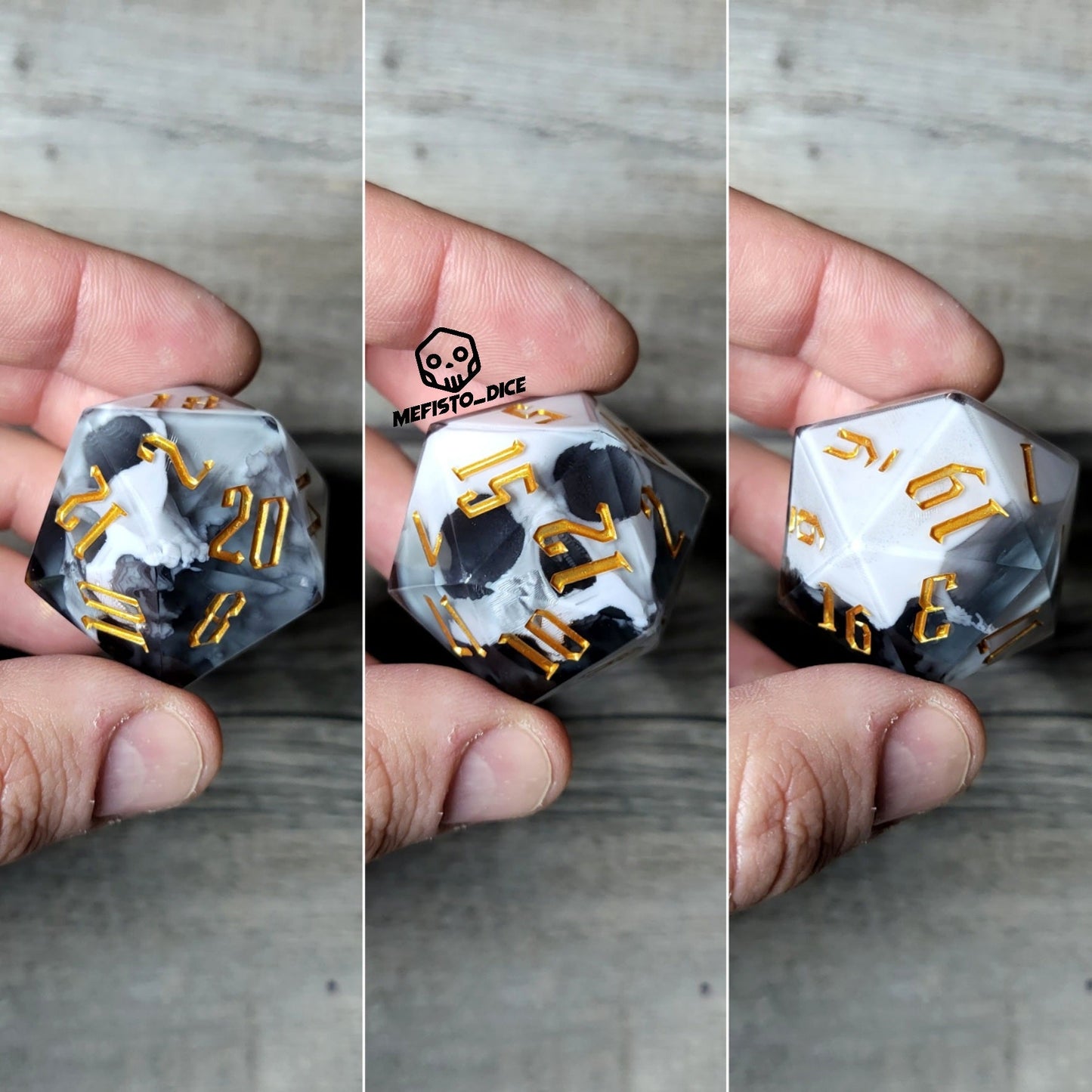 D20 dice in 33 mm format with skull inside for role-playing games for Dungeons and Dragons