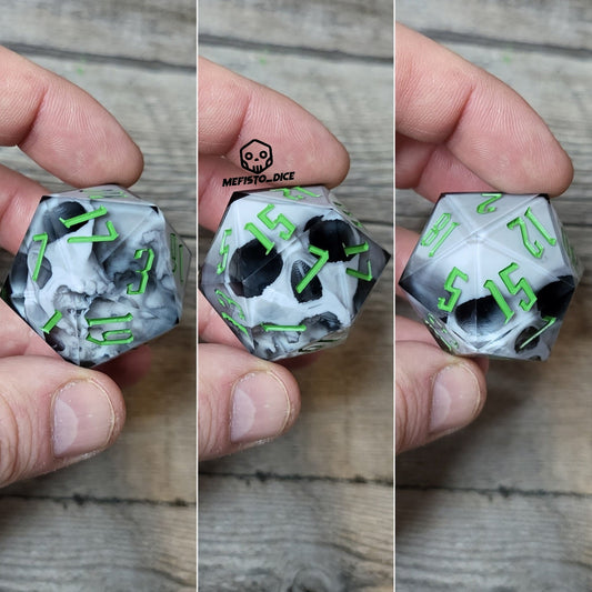 D20 dice in 33 mm format with skull inside for role-playing games for Dungeons and Dragons