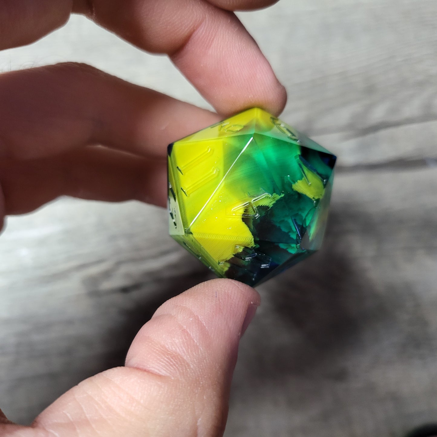 D20 dice in 33 mm format with skull inside for role-playing games for Dungeons and Dragons