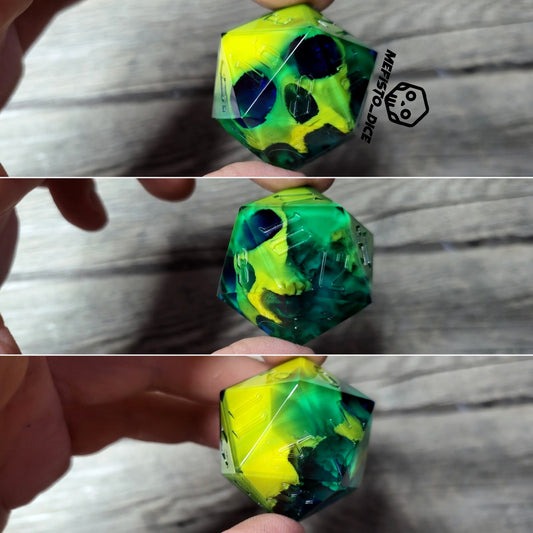 D20 dice in 33 mm format with skull inside for role-playing games for Dungeons and Dragons