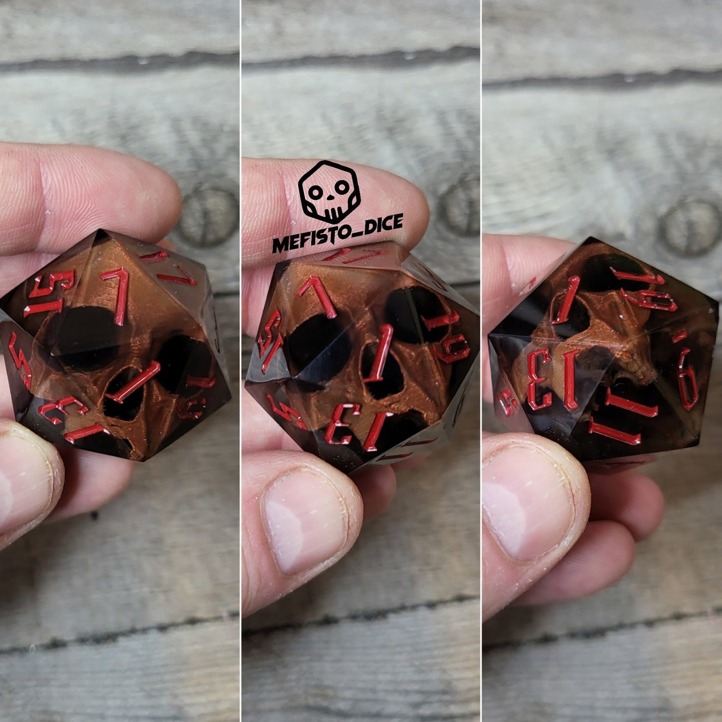 D20 dice in 33 mm format with skull inside for role-playing games for Dungeons and Dragons