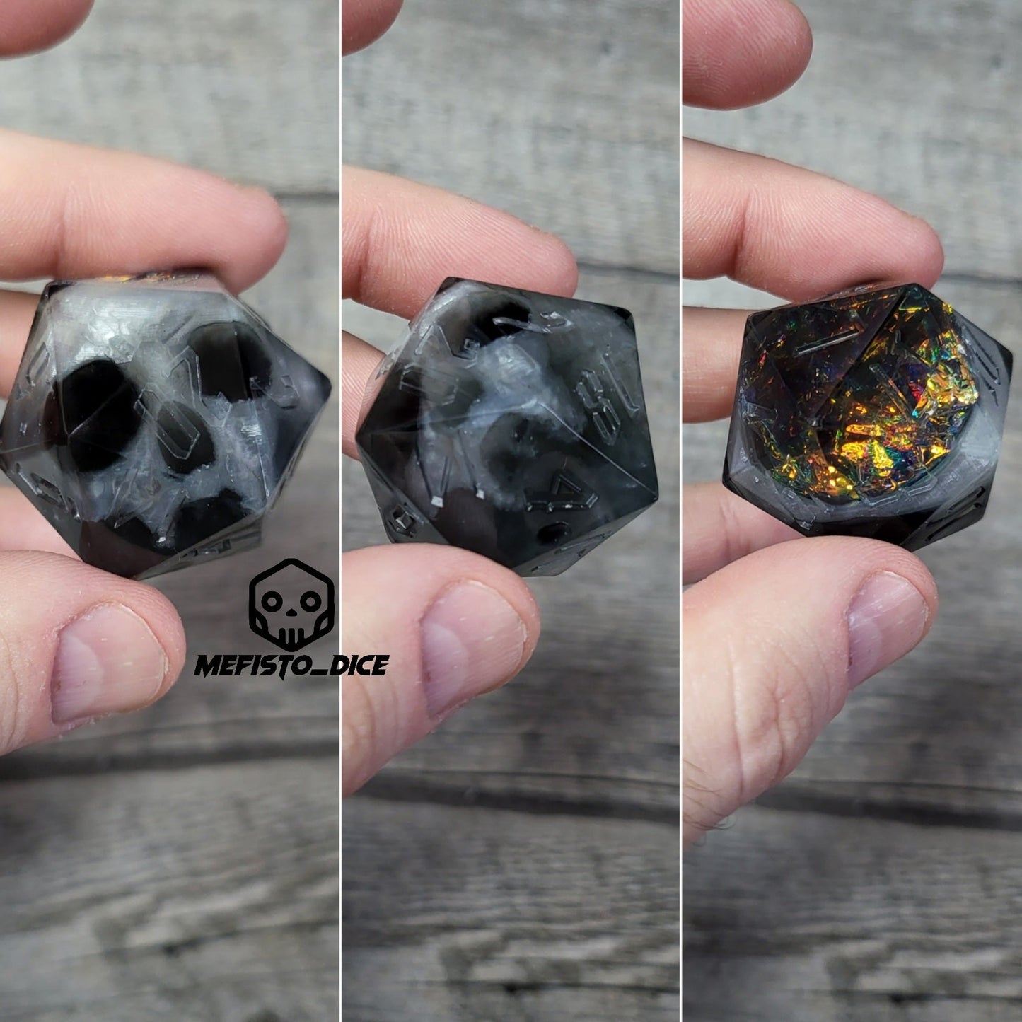 D20 dice in 33 mm format with skull inside for role-playing games for Dungeons and Dragons