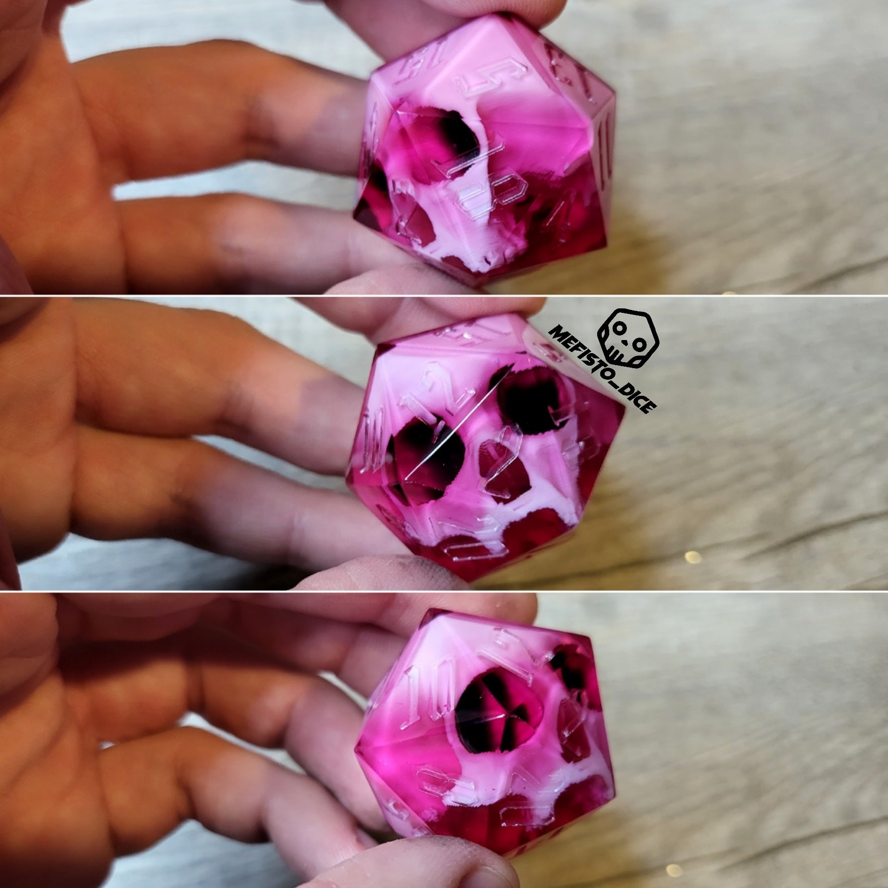 D20 dice in 33 mm format with skull inside for role-playing games for Dungeons and Dragons