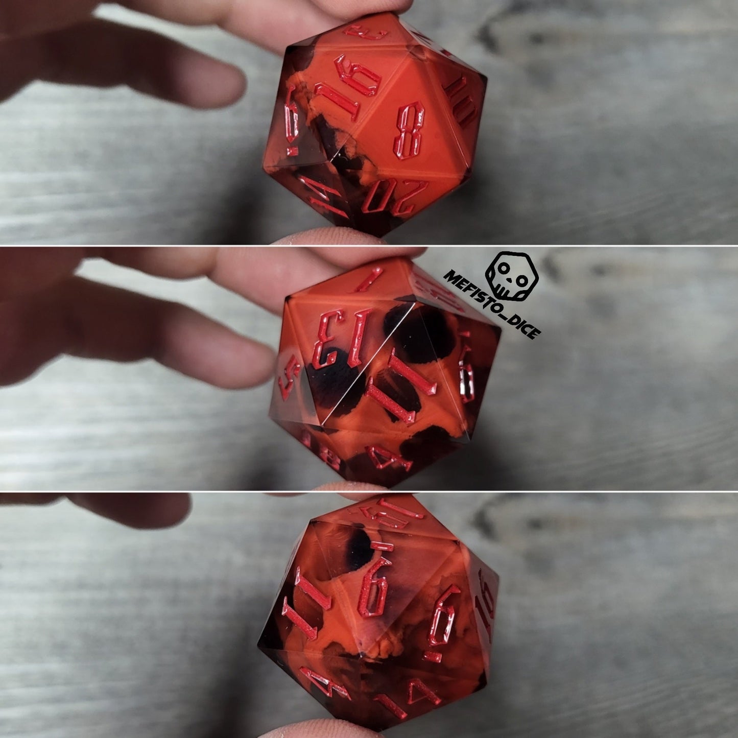 D20 dice in 33 mm format with skull inside for role-playing games for Dungeons and Dragons