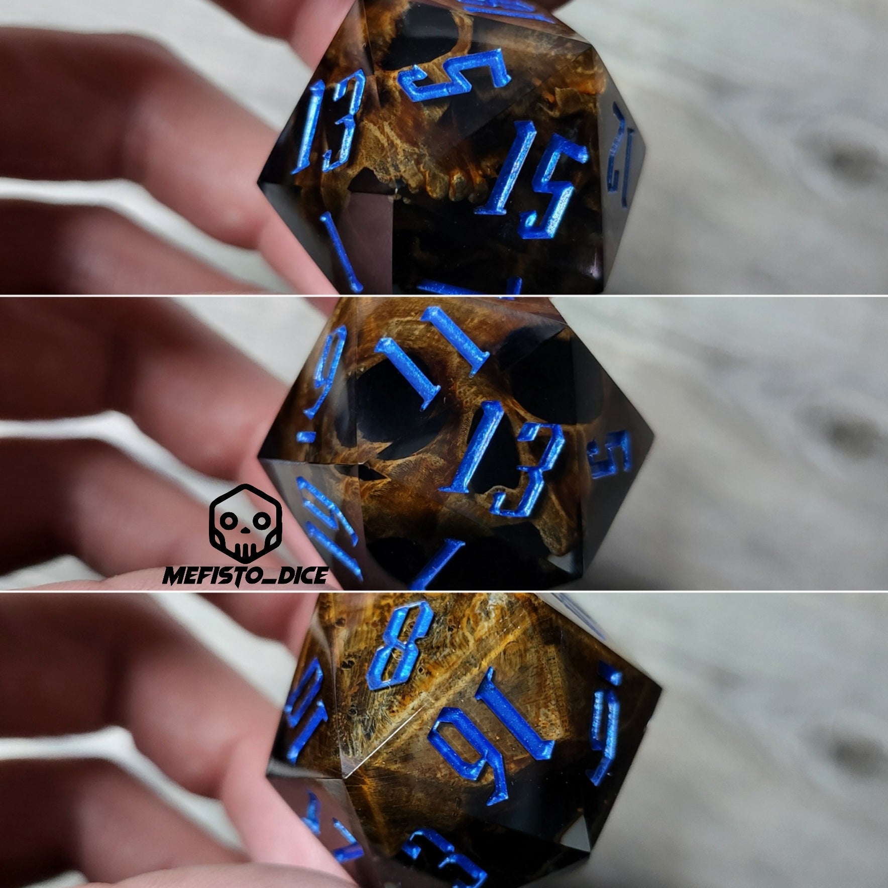 D20 dice in 33 mm format with skull inside for role-playing games for Dungeons and Dragons