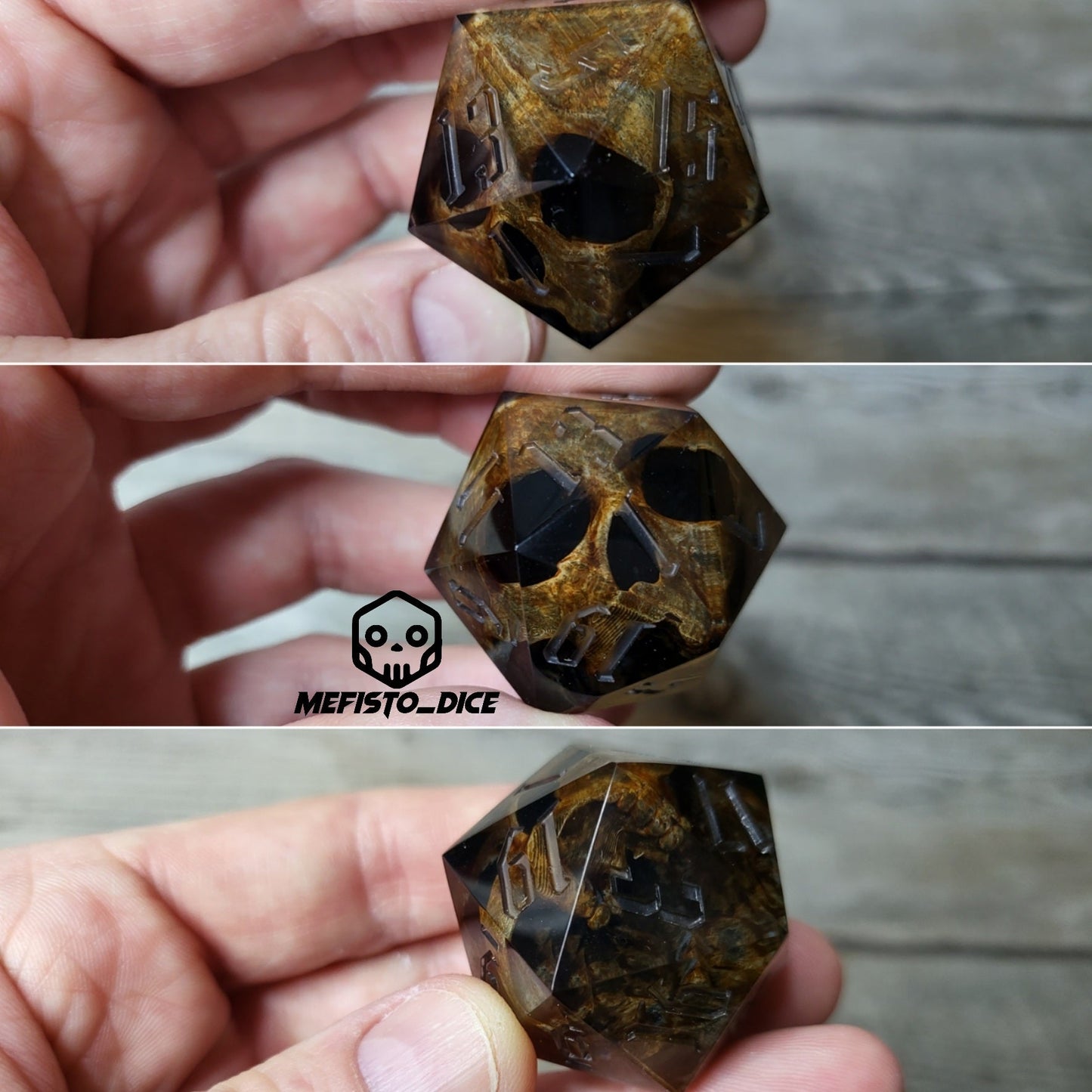 D20 dice in 33 mm format with skull inside for role-playing games for Dungeons and Dragons