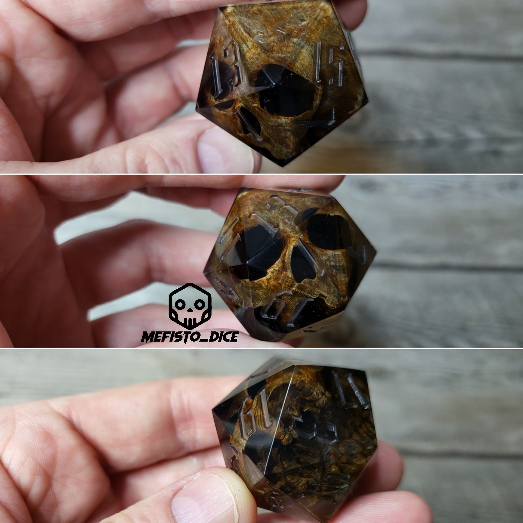 D20 dice in 33 mm format with skull inside for role-playing games for Dungeons and Dragons