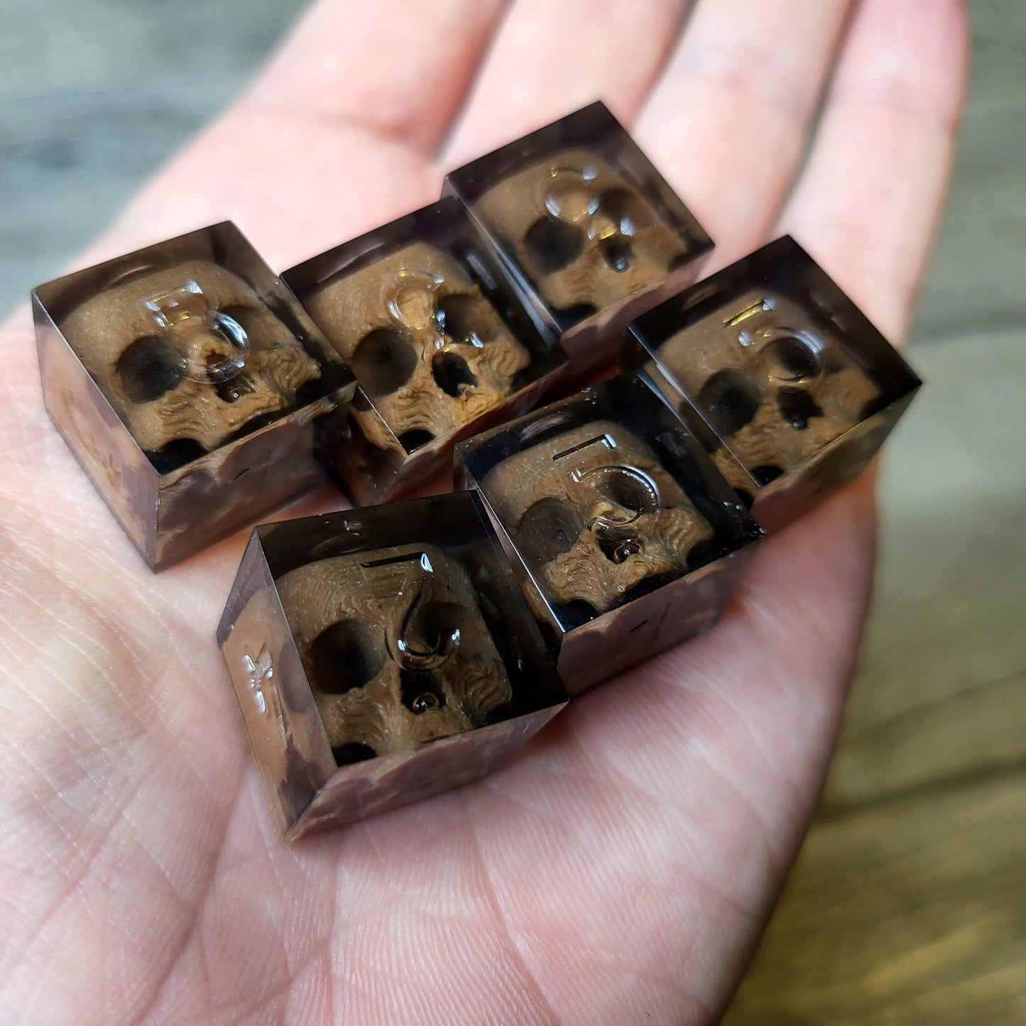 Dice set in D6 format with skull inside for role-playing games for Dungeons and Dragons