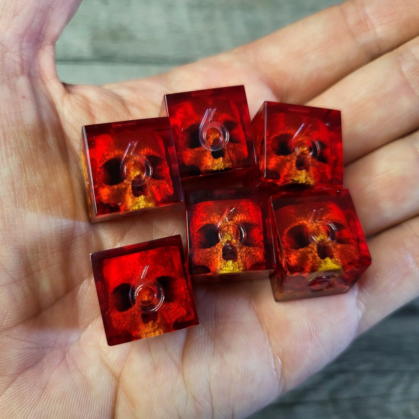 Dice set in D6 format with skull inside for role-playing games for Dungeons and Dragons