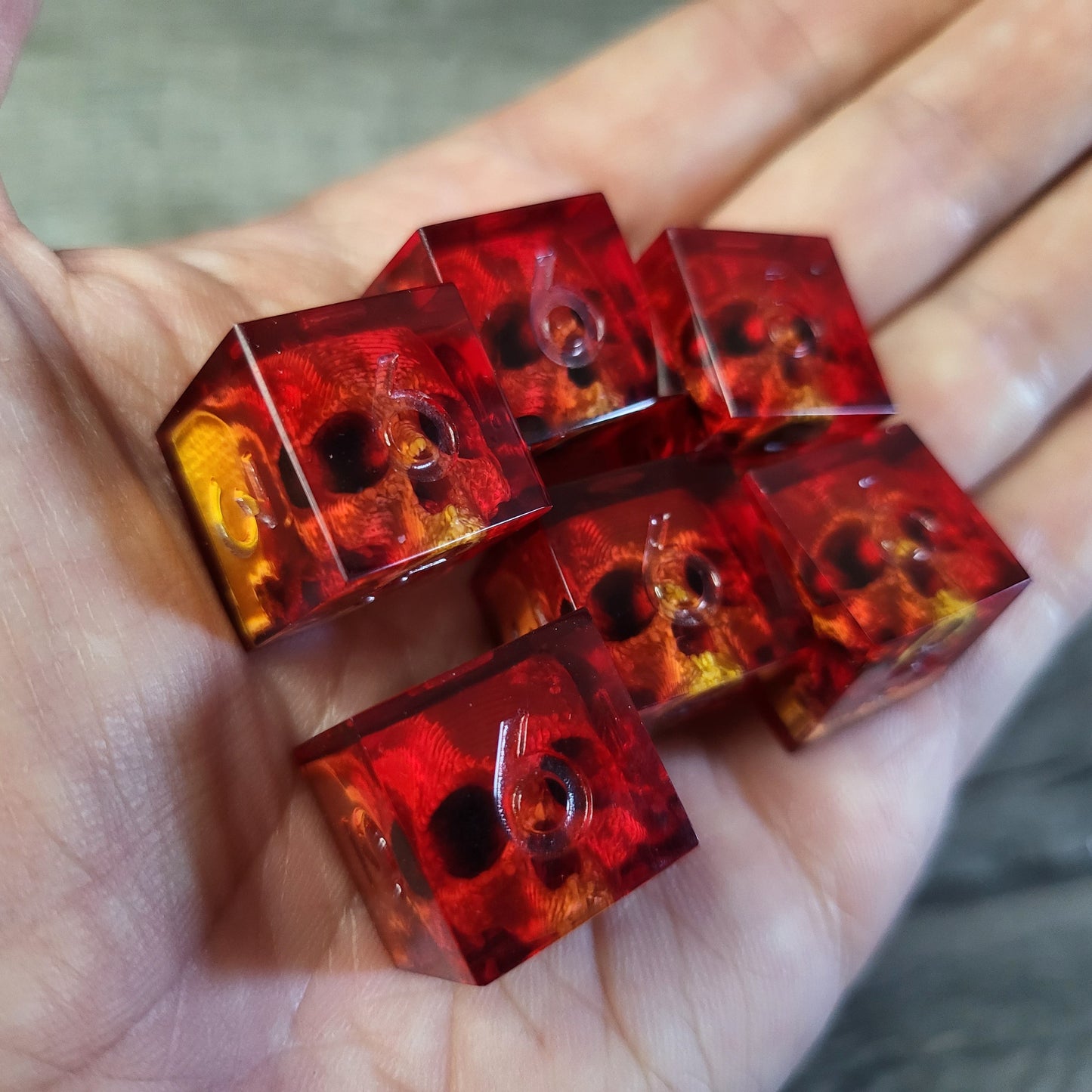 Dice set in D6 format with skull inside for role-playing games for Dungeons and Dragons