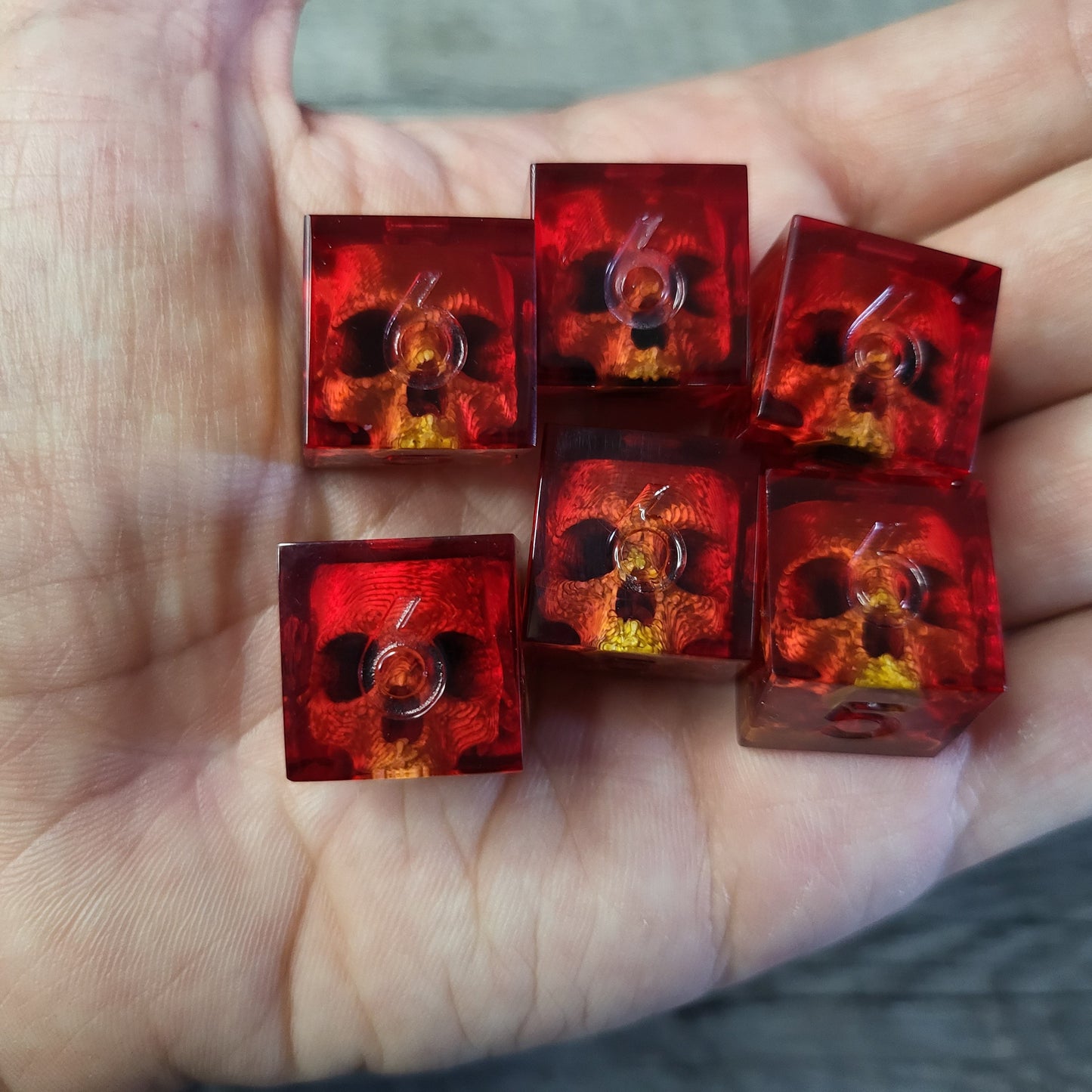 Dice set in D6 format with skull inside for role-playing games for Dungeons and Dragons