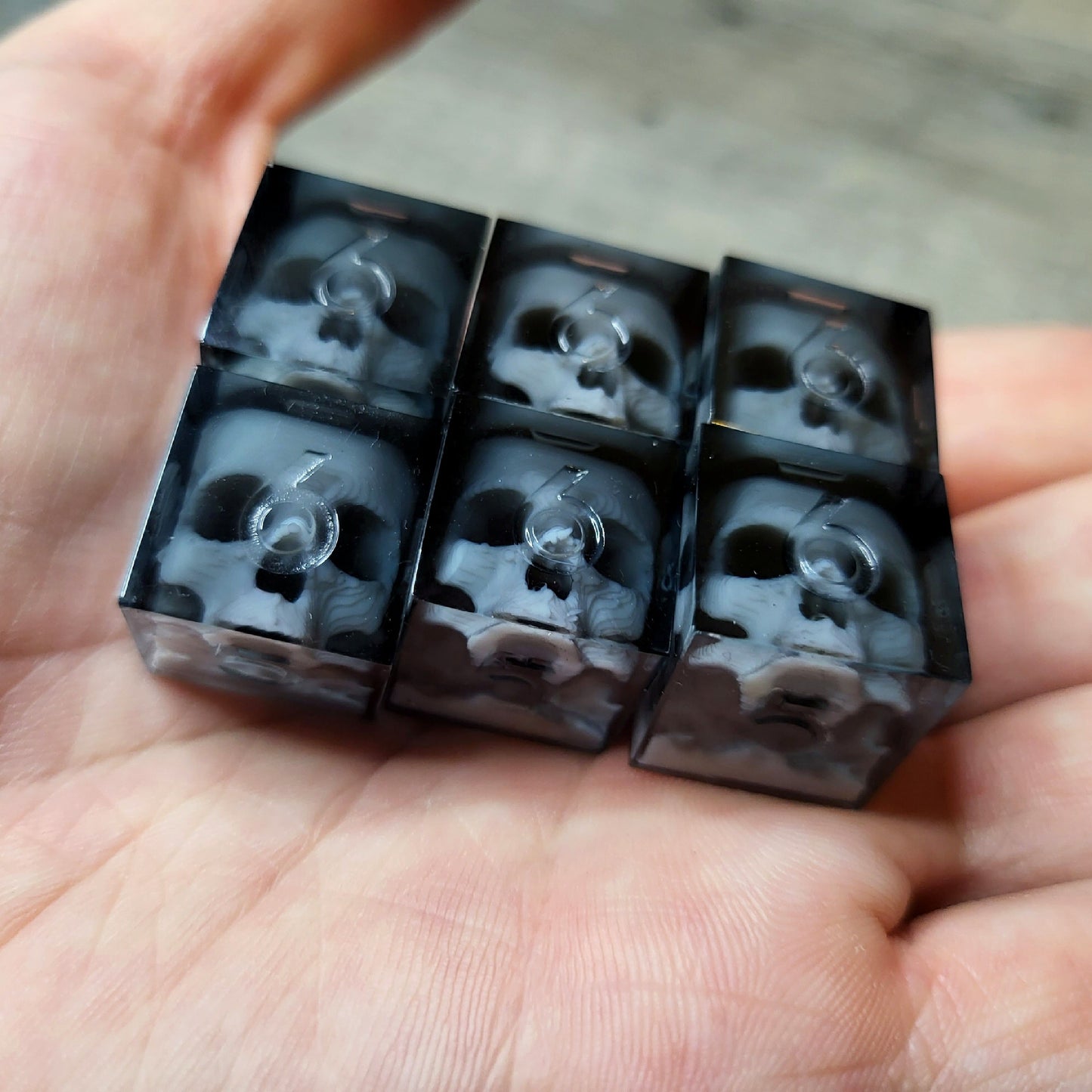 Dice set in D6 format with skull inside for role-playing games for Dungeons and Dragons