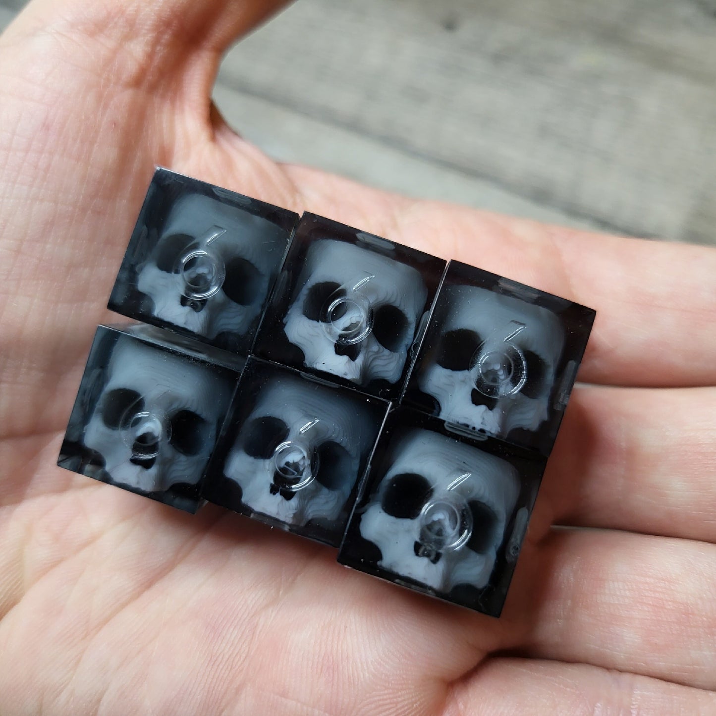 Dice set in D6 format with skull inside for role-playing games for Dungeons and Dragons