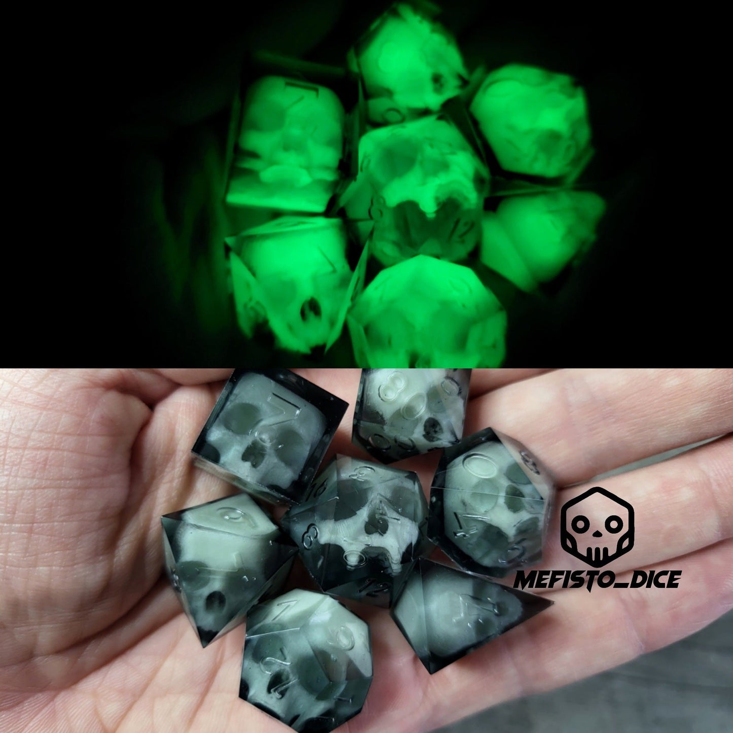 Dice set with 7 pieces with skull inside for role-playing games for Dungeons and Dragons