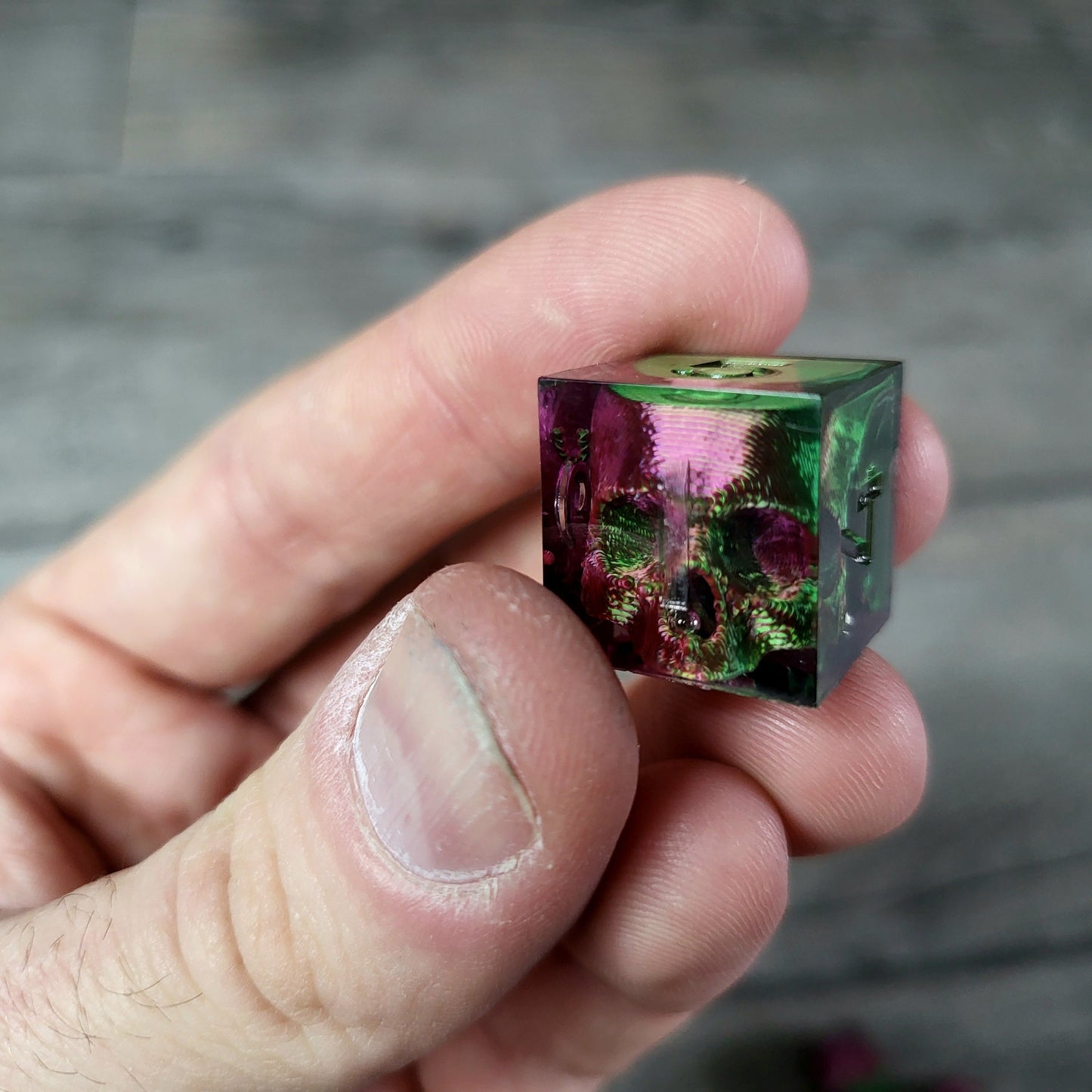 Dice set with 7 pieces with skull inside for role-playing games for Dungeons and Dragons