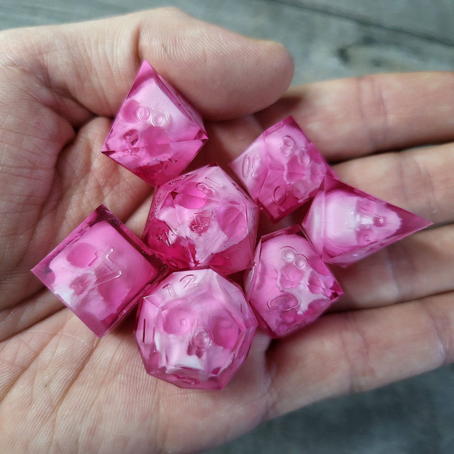 Dice set with 7 pieces with skull inside for role-playing games for Dungeons and Dragons
