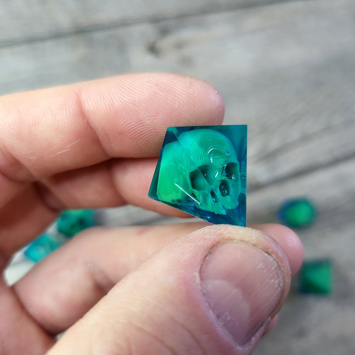 Dice set with 7 pieces with skull inside for role-playing games for Dungeons and Dragons