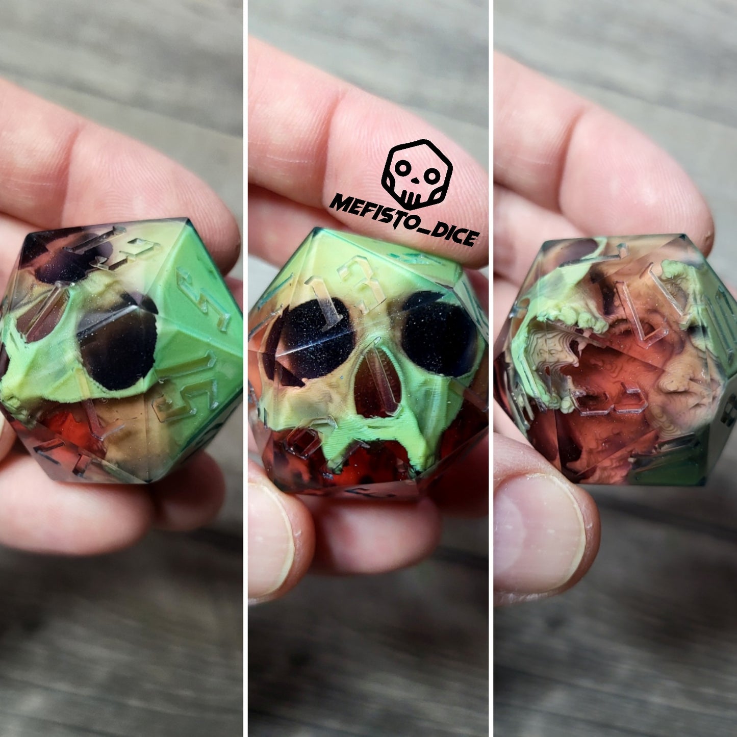 D20 dice in 33 mm format with skull inside for role-playing games for Dungeons and Dragons