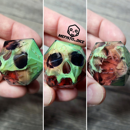 D20 dice in 33 mm format with skull inside for role-playing games for Dungeons and Dragons