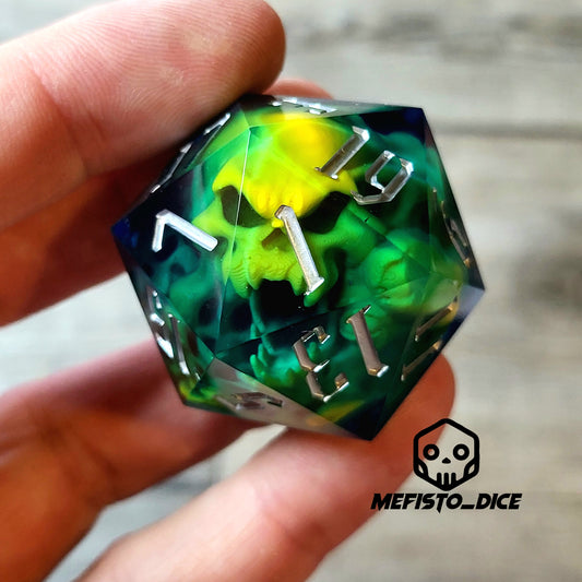 D20 dice in 33 mm format with skull inside for role-playing games for Dungeons and Dragons