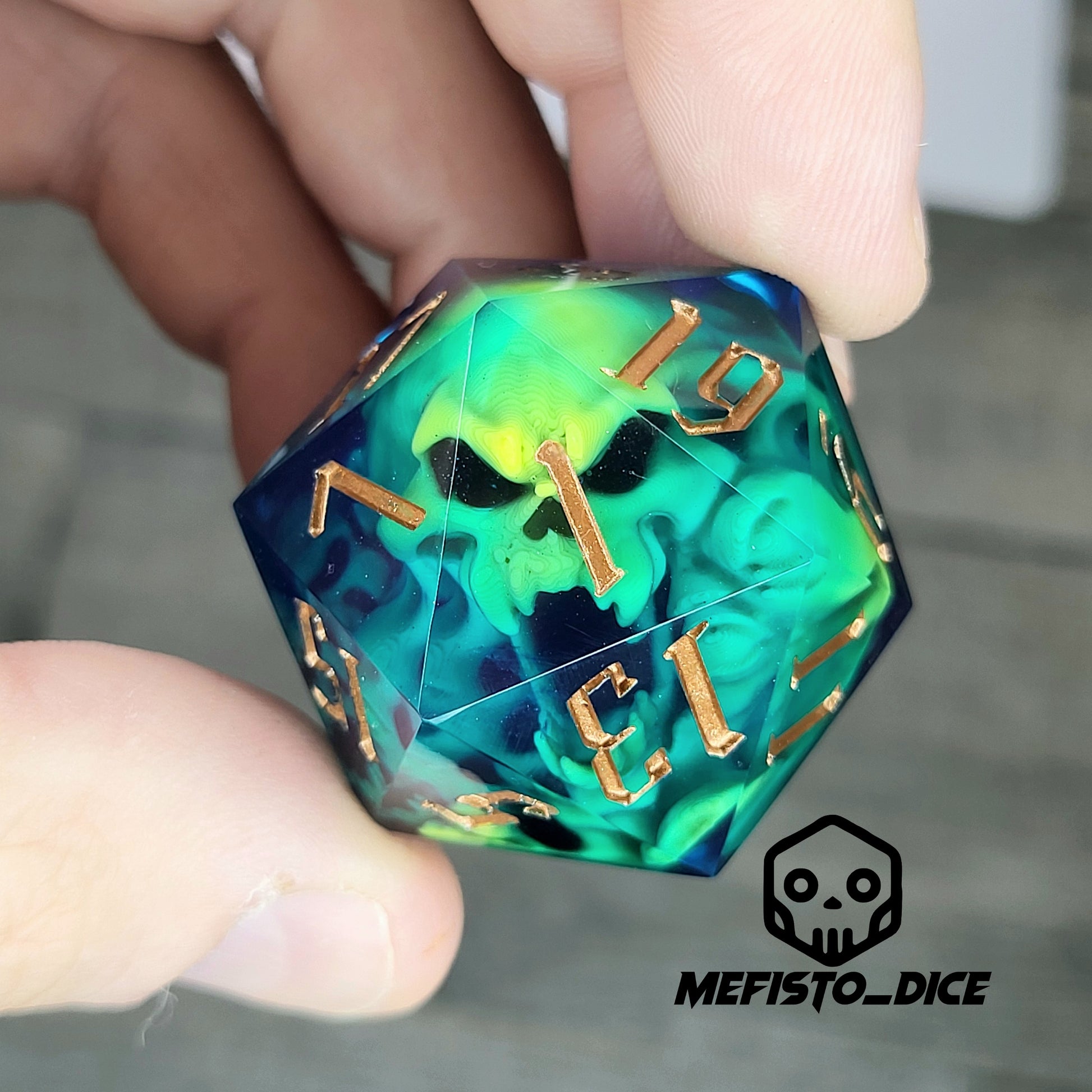 D20 dice in 33 mm format with skull inside for role-playing games for Dungeons and Dragons