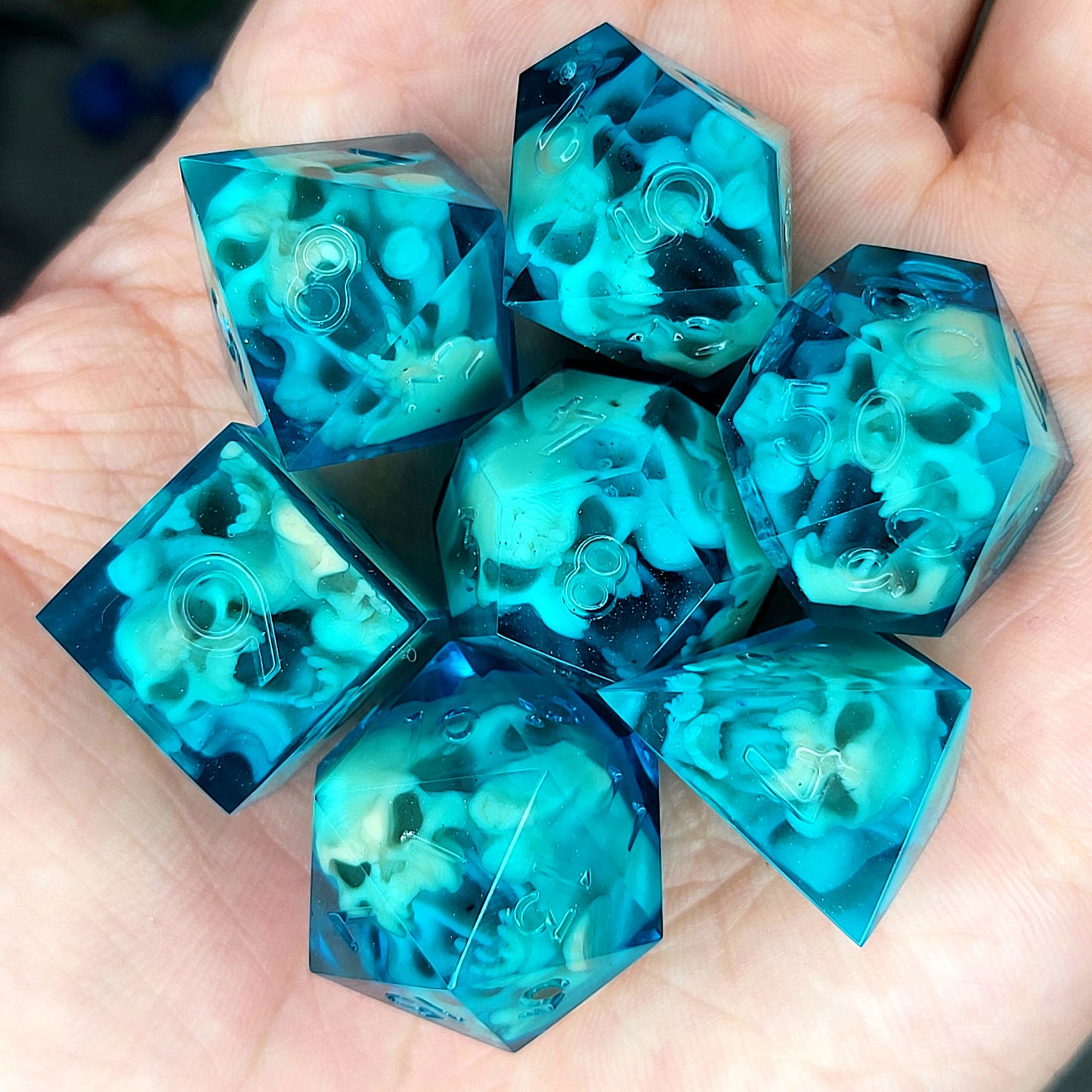 Dice set with light brown spirit inside and blue resin for play dnd , dungeons and dragons
