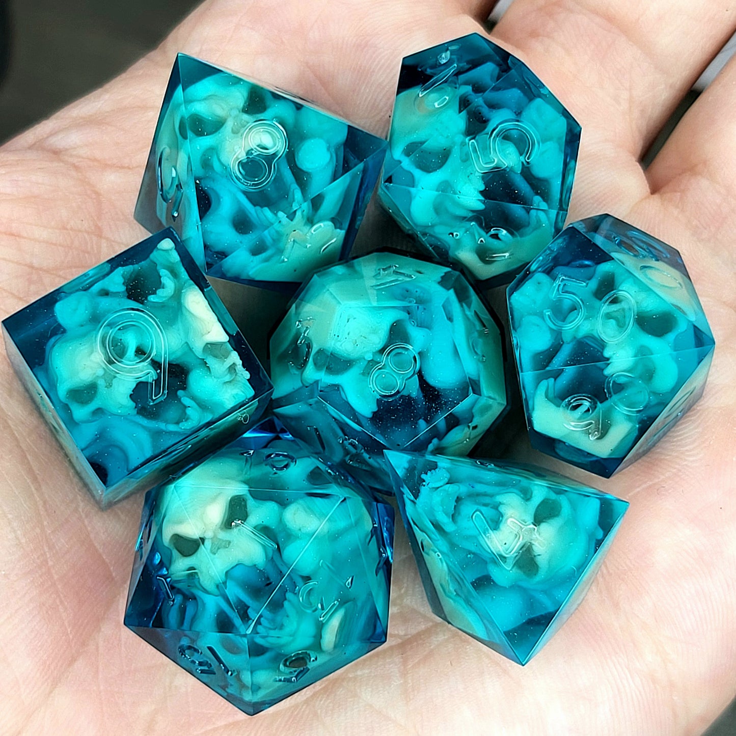 Dice set with light brown spirit inside and blue resin for play dnd , dungeons and dragons