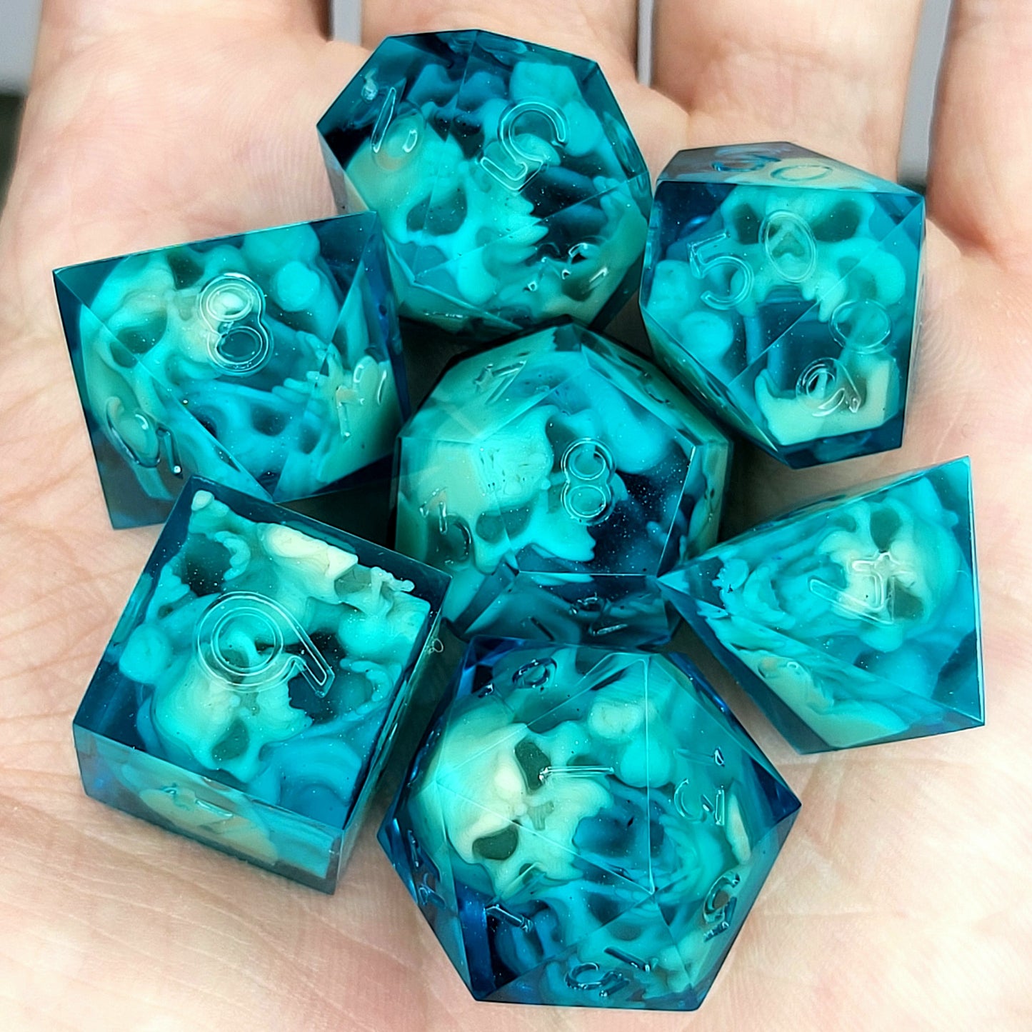Dice set with light brown spirit inside and blue resin for play dnd , dungeons and dragons