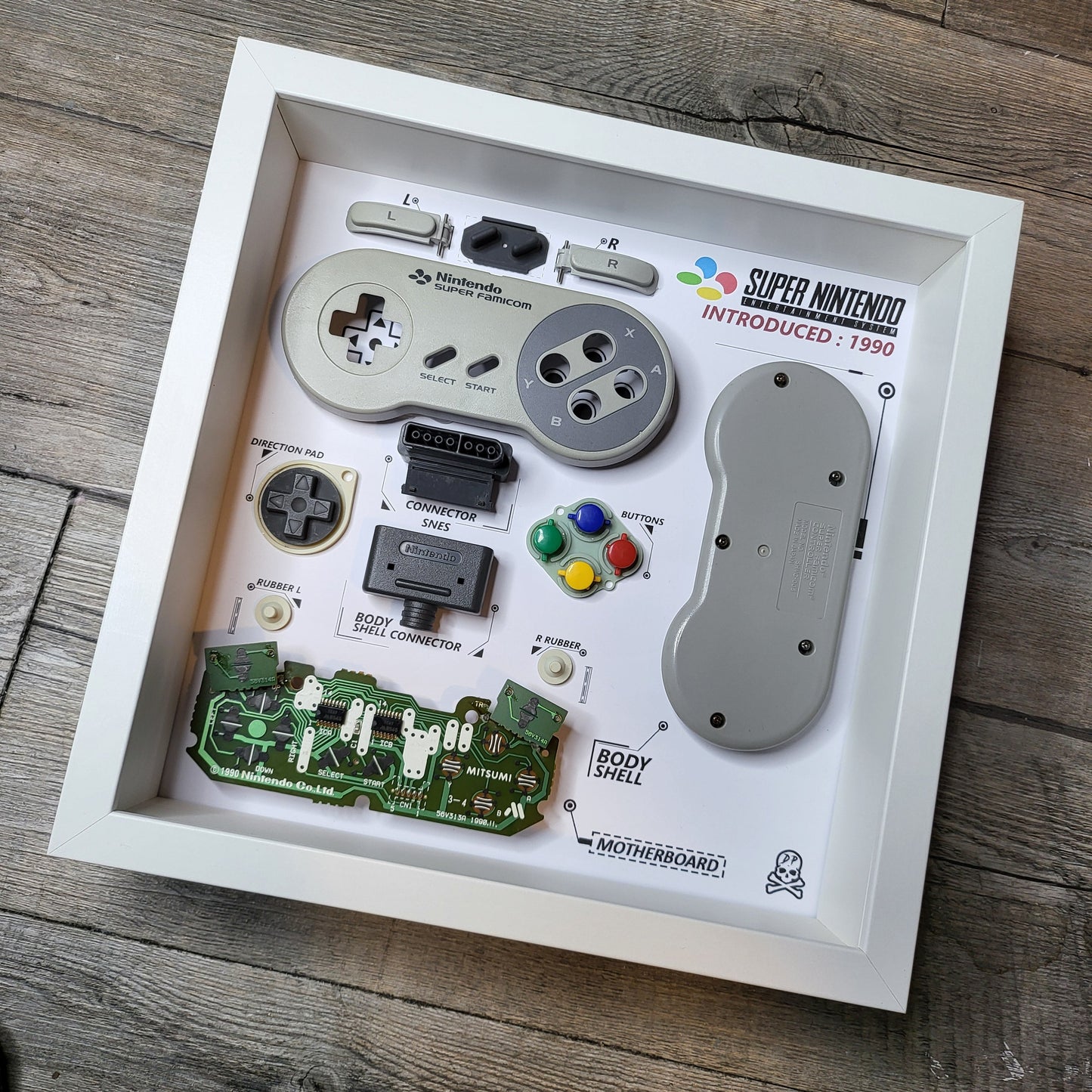 Shadow Box 10x10 with wood frame and polycarbonate glass for wall and Tabletop containing a disassembled controller for Playstation and Nintendo