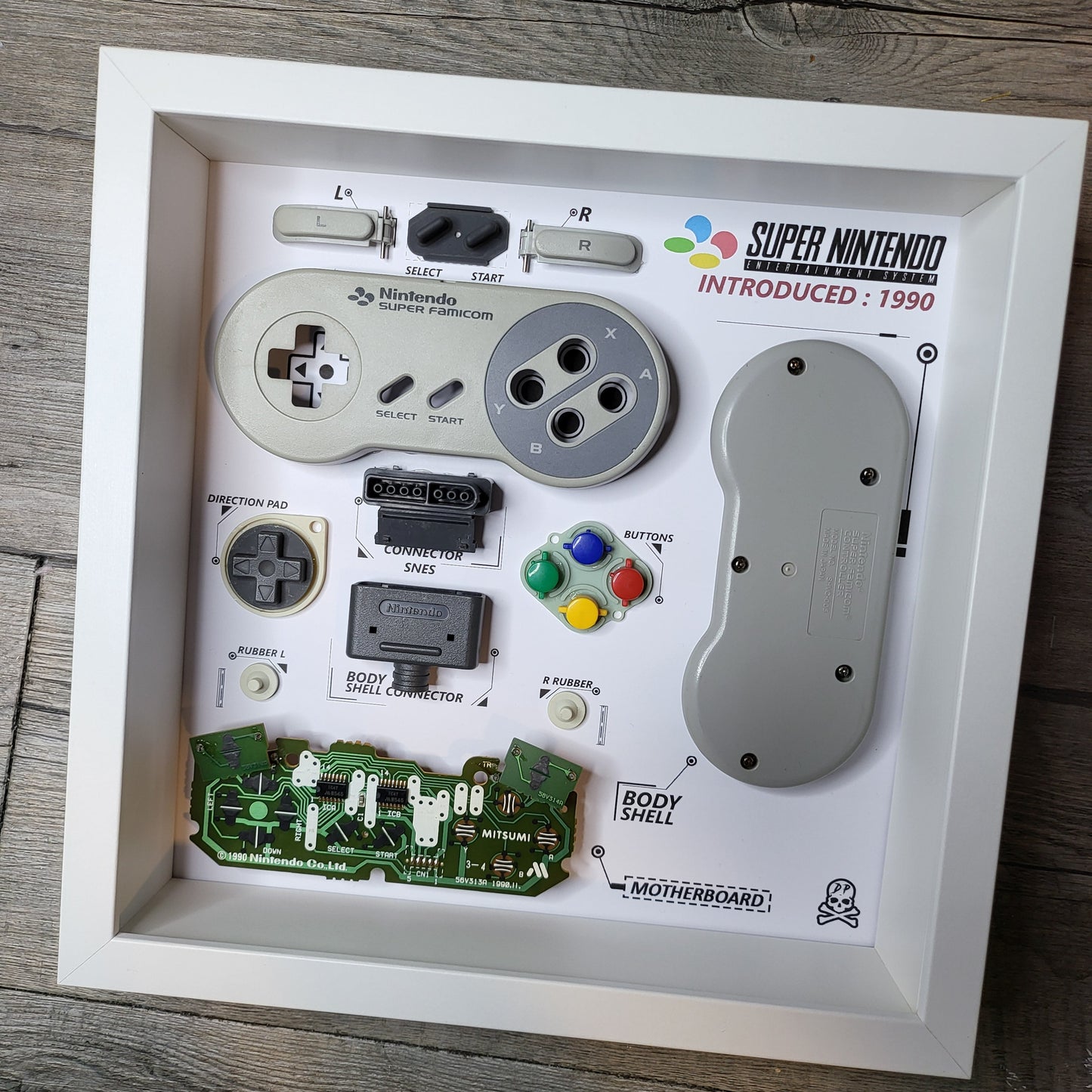 Shadow Box 10x10 with wood frame and polycarbonate glass for wall and Tabletop containing a disassembled controller for Playstation and Nintendo