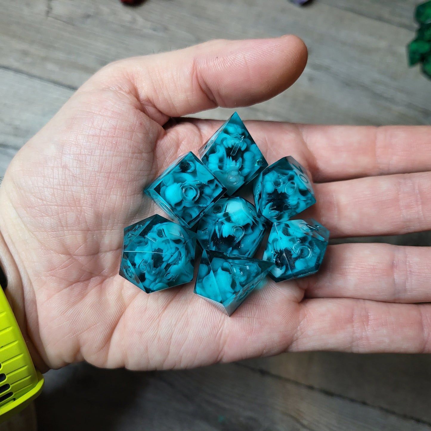 Dice set with 7 pieces with skull inside in spirit theme for role-playing games for Dungeons and Dragons