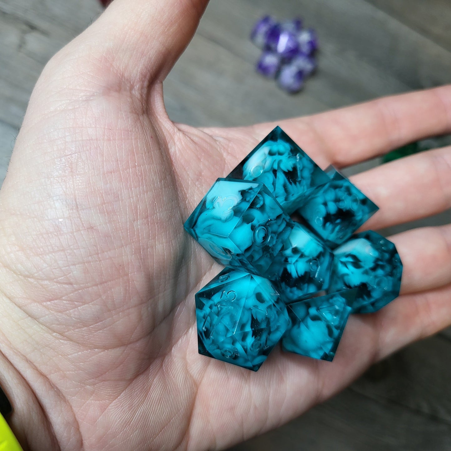Dice set with 7 pieces with skull inside in spirit theme for role-playing games for Dungeons and Dragons