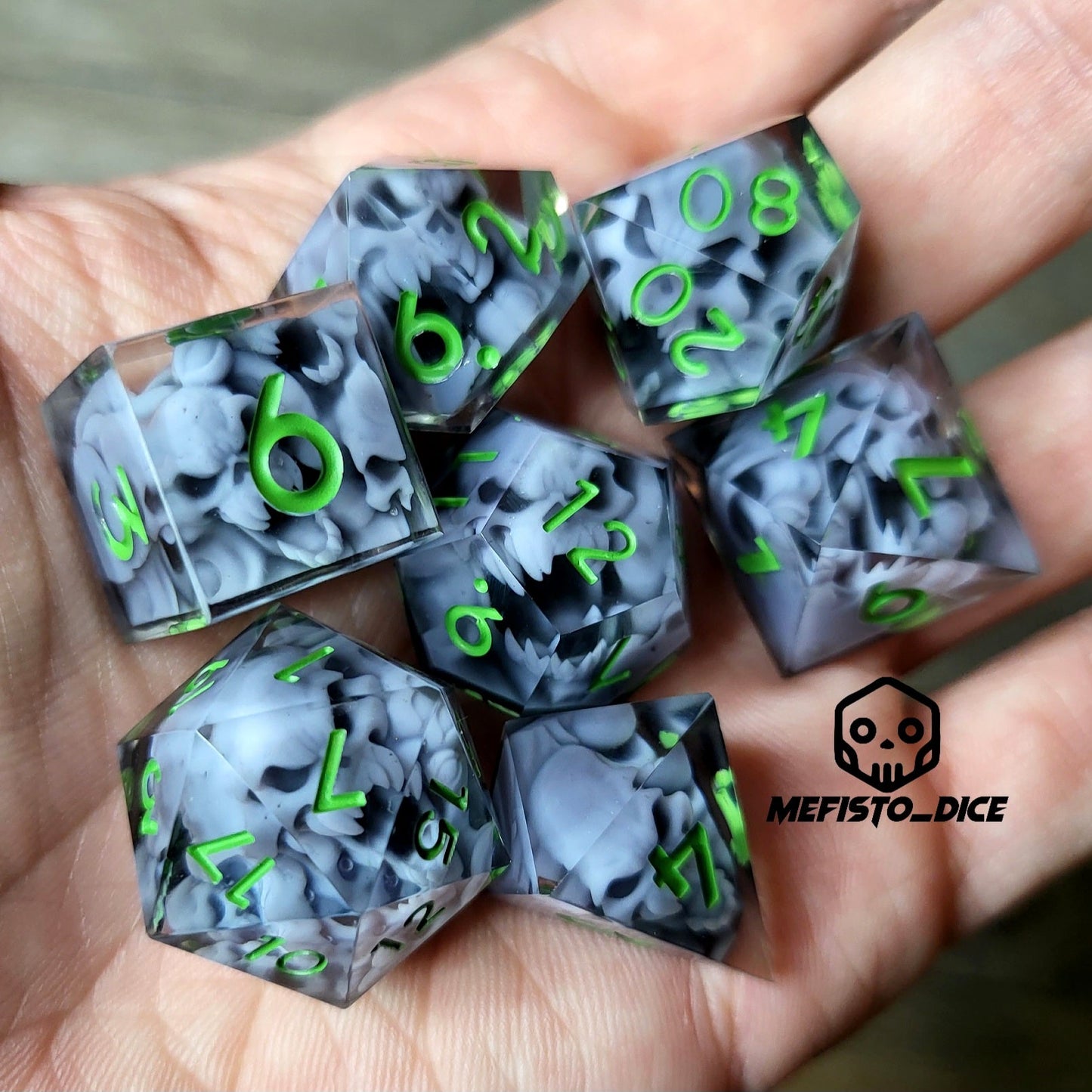 Dice set with 7 pieces with skull inside in spirit theme for role-playing games for Dungeons and Dragons
