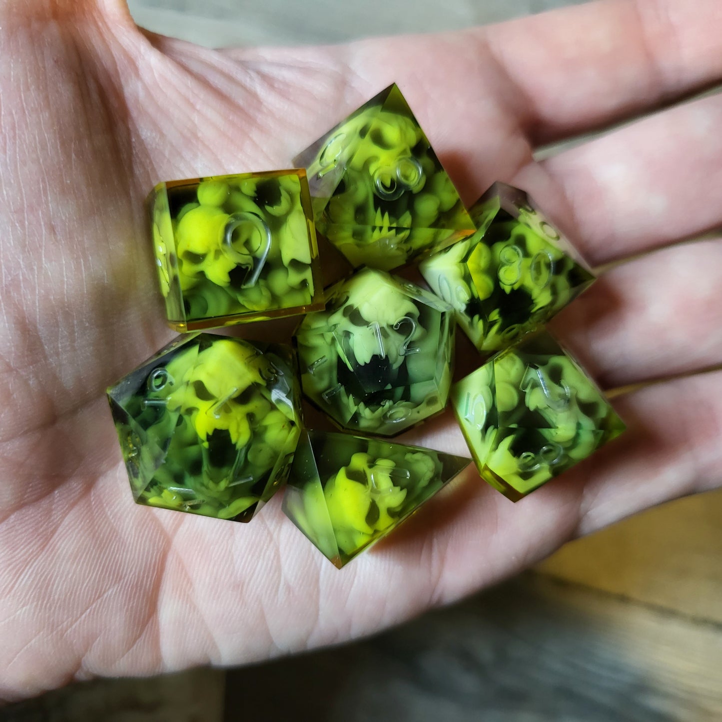 Dice set with 7 pieces with skull inside in spirit theme for role-playing games for Dungeons and Dragons