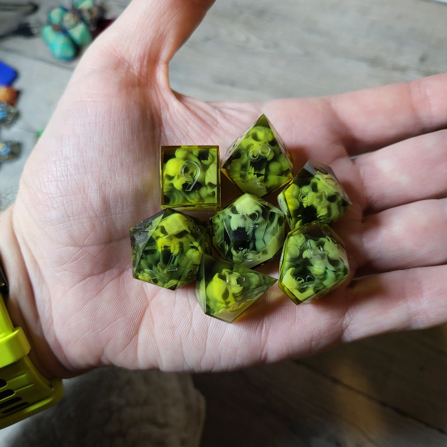 Dice set with 7 pieces with skull inside in spirit theme for role-playing games for Dungeons and Dragons