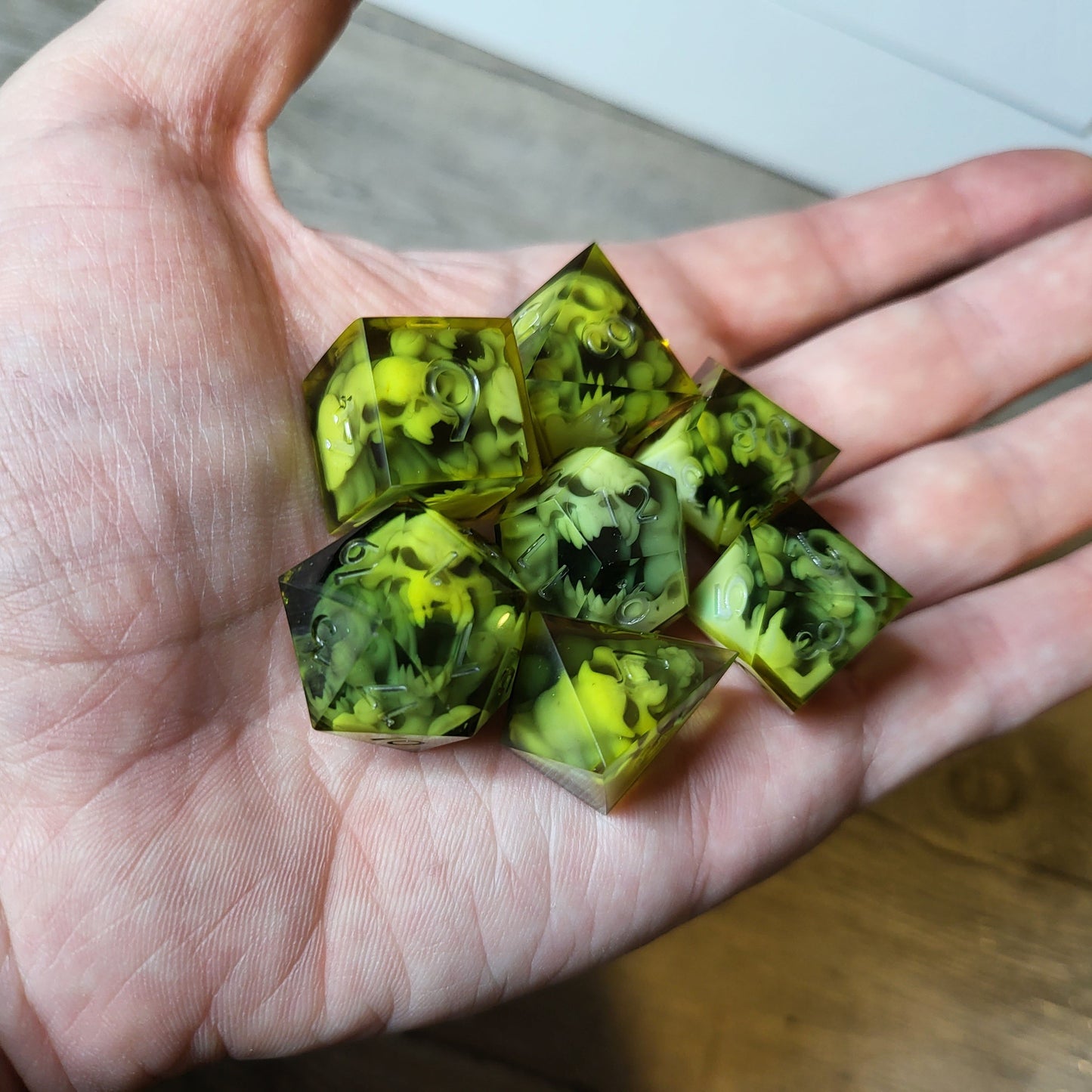 Dice set with 7 pieces with skull inside in spirit theme for role-playing games for Dungeons and Dragons